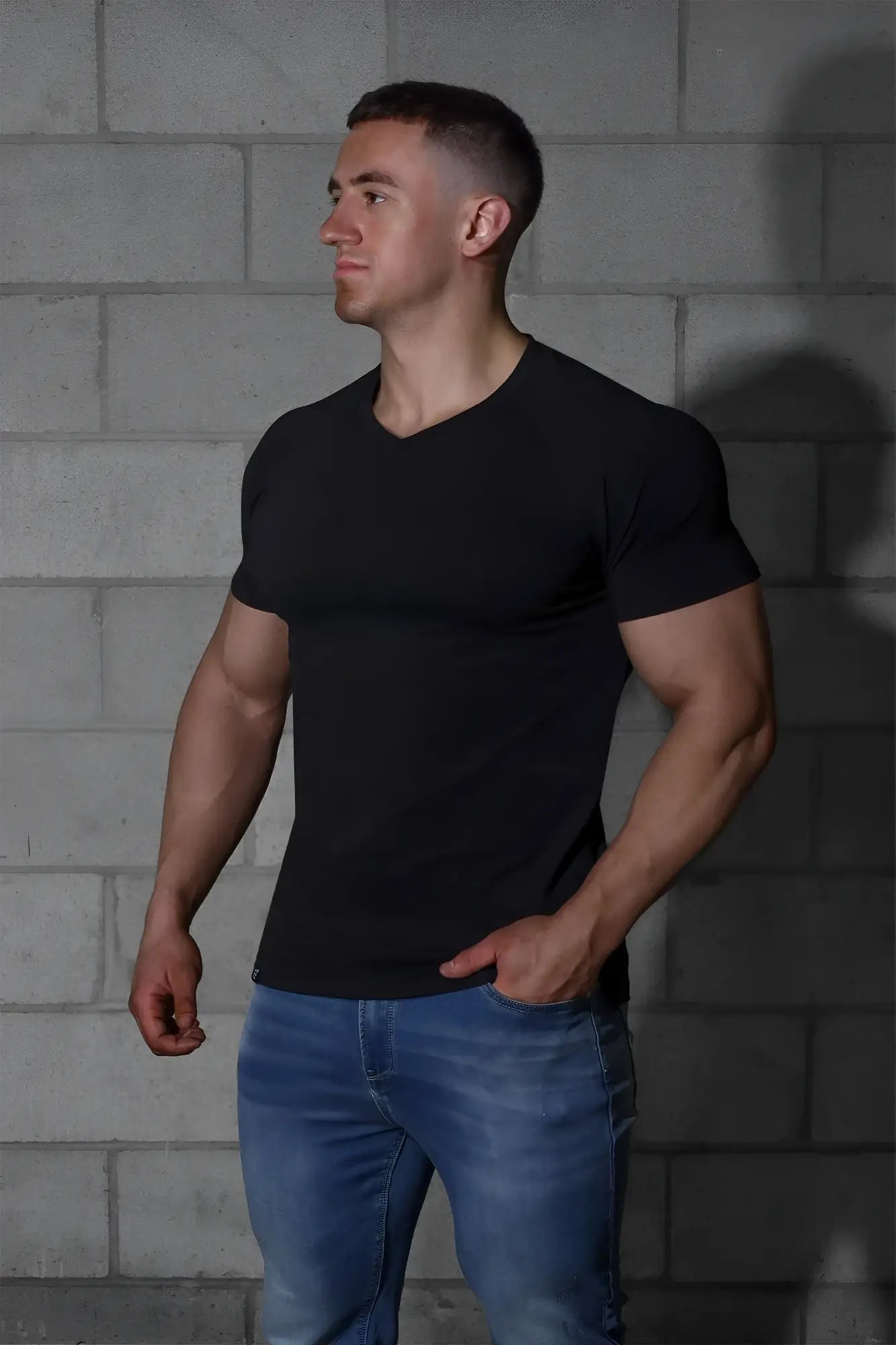 Jed North black v neck muscle fit t shirt with short sleeves designed for a slim athletic fit in soft cotton fabric