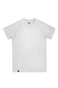 A heather gray v neck muscle fit t shirt with short sleeves and subtle raglan seams in light gray color