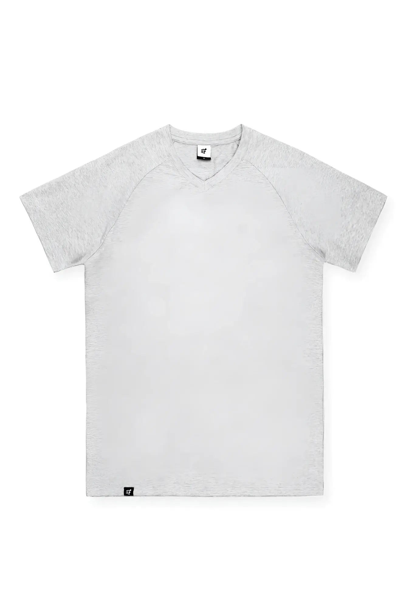 A heather gray v neck muscle fit t shirt with short sleeves and subtle raglan seams in light gray color