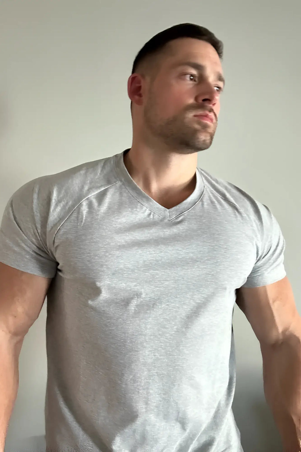 A man wearing a heather gray light gray v neck muscle fit short sleeve t shirt made of soft fabric