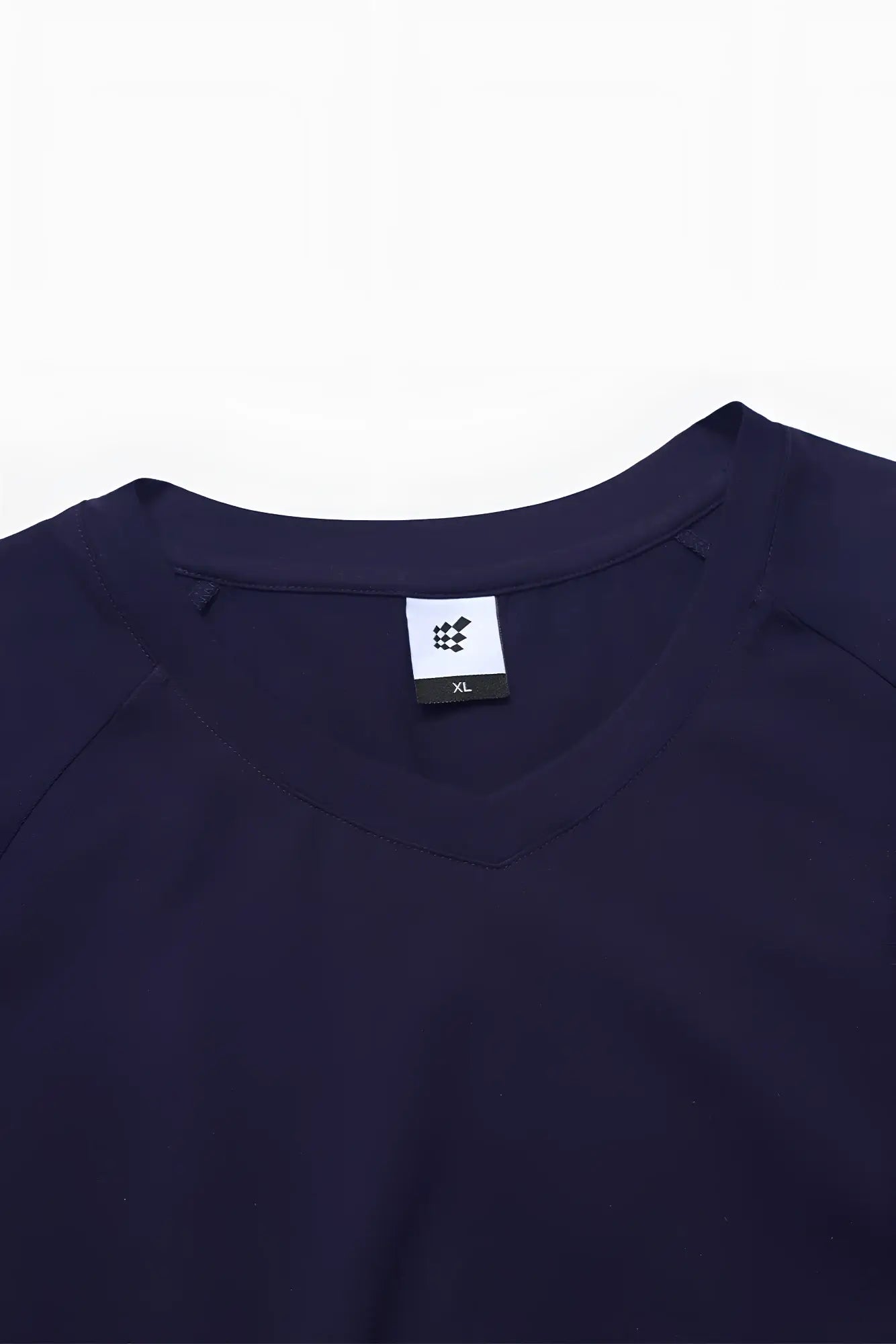 Navy cotton v neck muscle fit t-shirt with white label showing brand logo and xl size marking