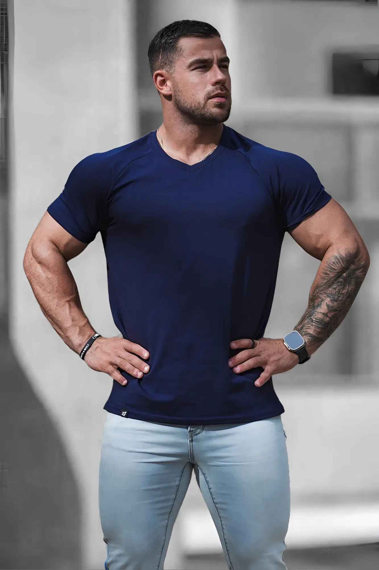 Navy blue muscle-fit v neck short-sleeved t-shirt made from soft cotton ideal for casual wear