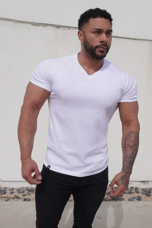 Jed north v neck muscle-fit t-shirt white short-sleeve cotton blend ideal for casual wear front view