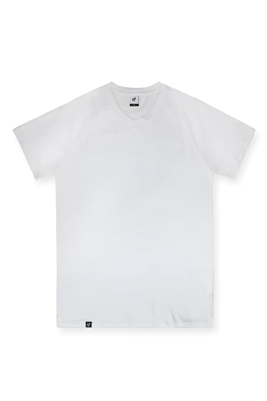 White jed north v neck muscle-fit t-shirt with short sleeves, crew neck, and subtle branding tags at collar and hem