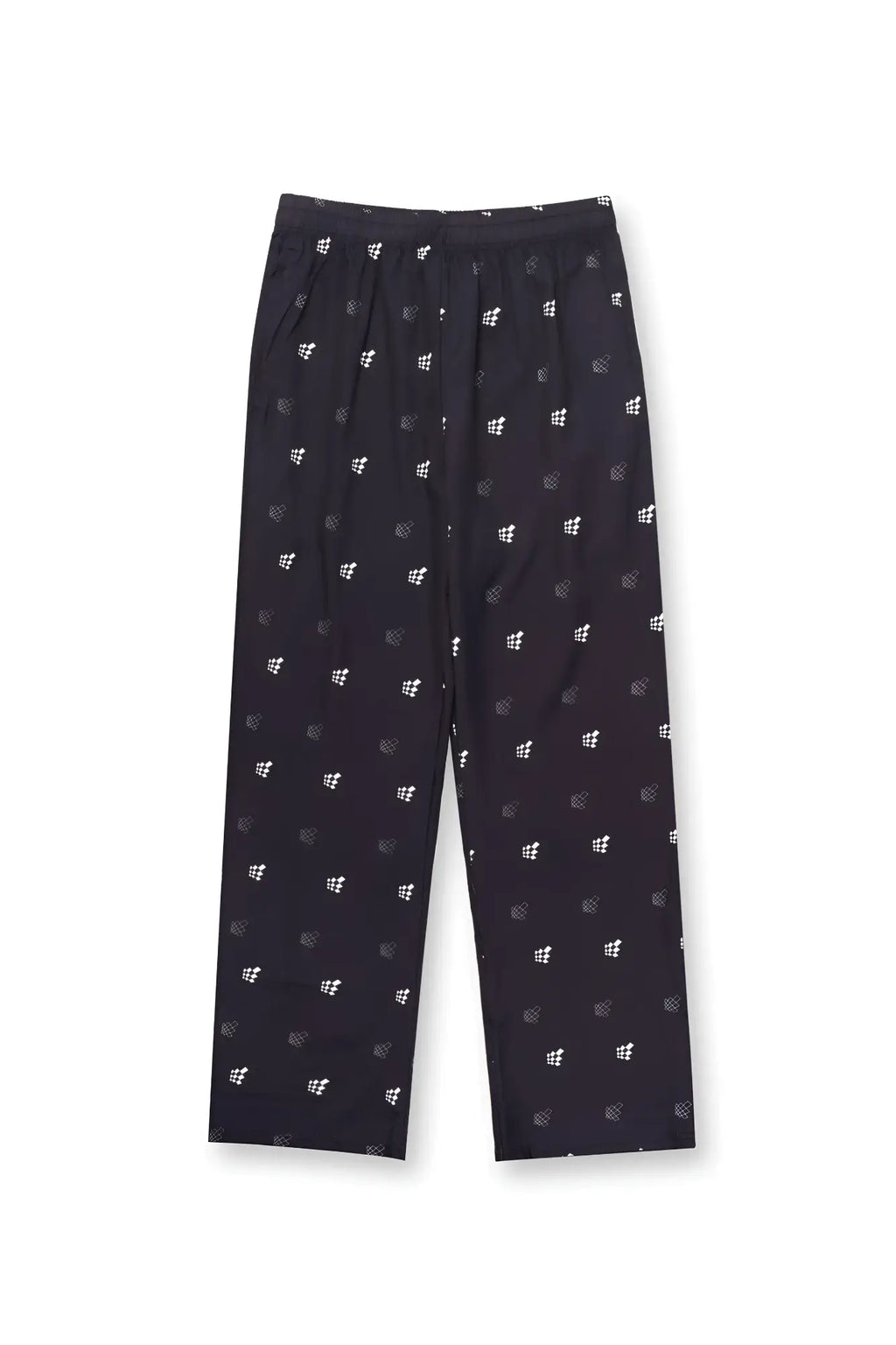 Black capri pants with a subtle white geometric pattern featuring the jed north logo vintage flex joggers design
