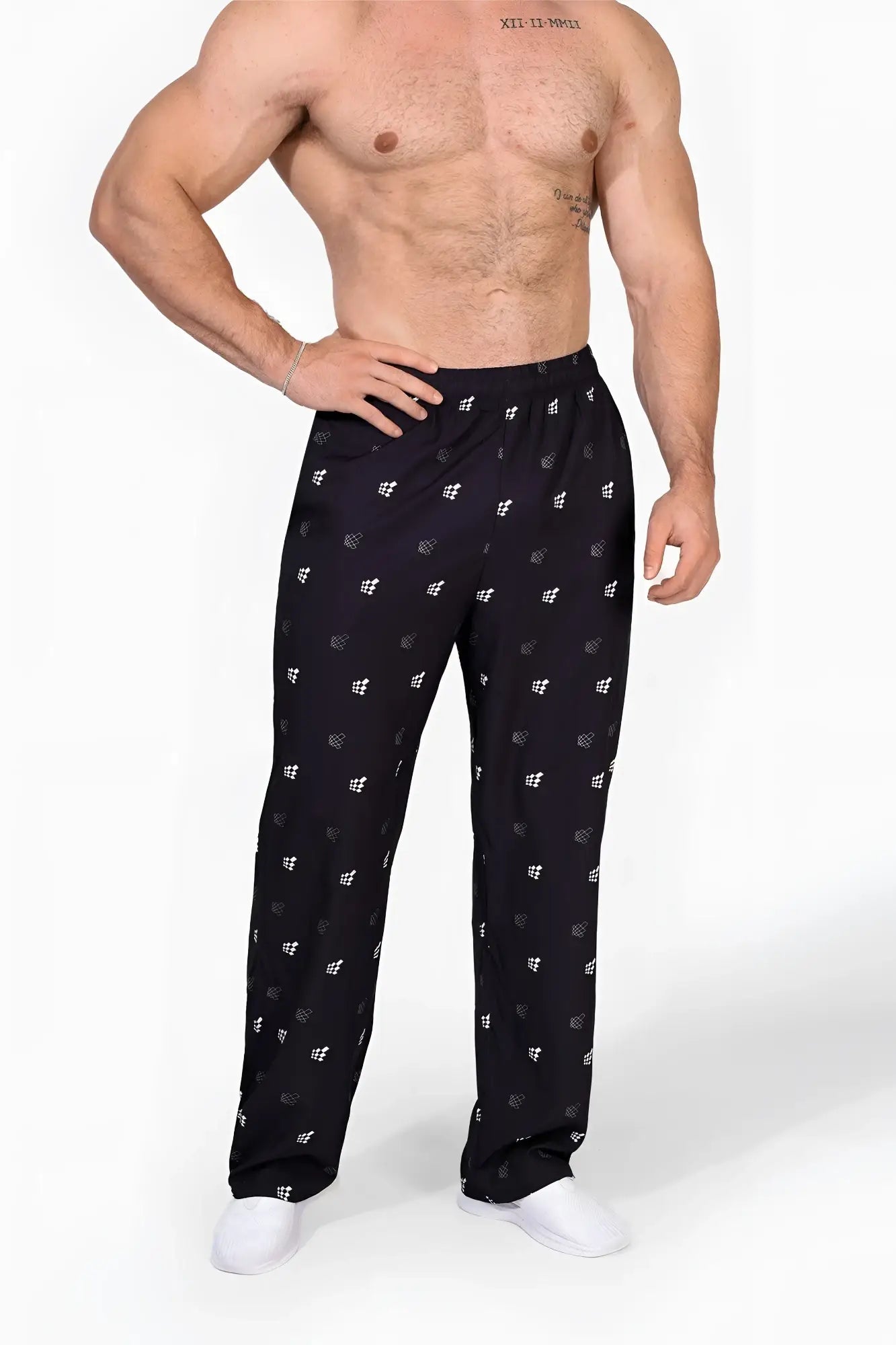 Black jed north vintage flex joggers with subtle white geometric pattern featuring jed north logo print