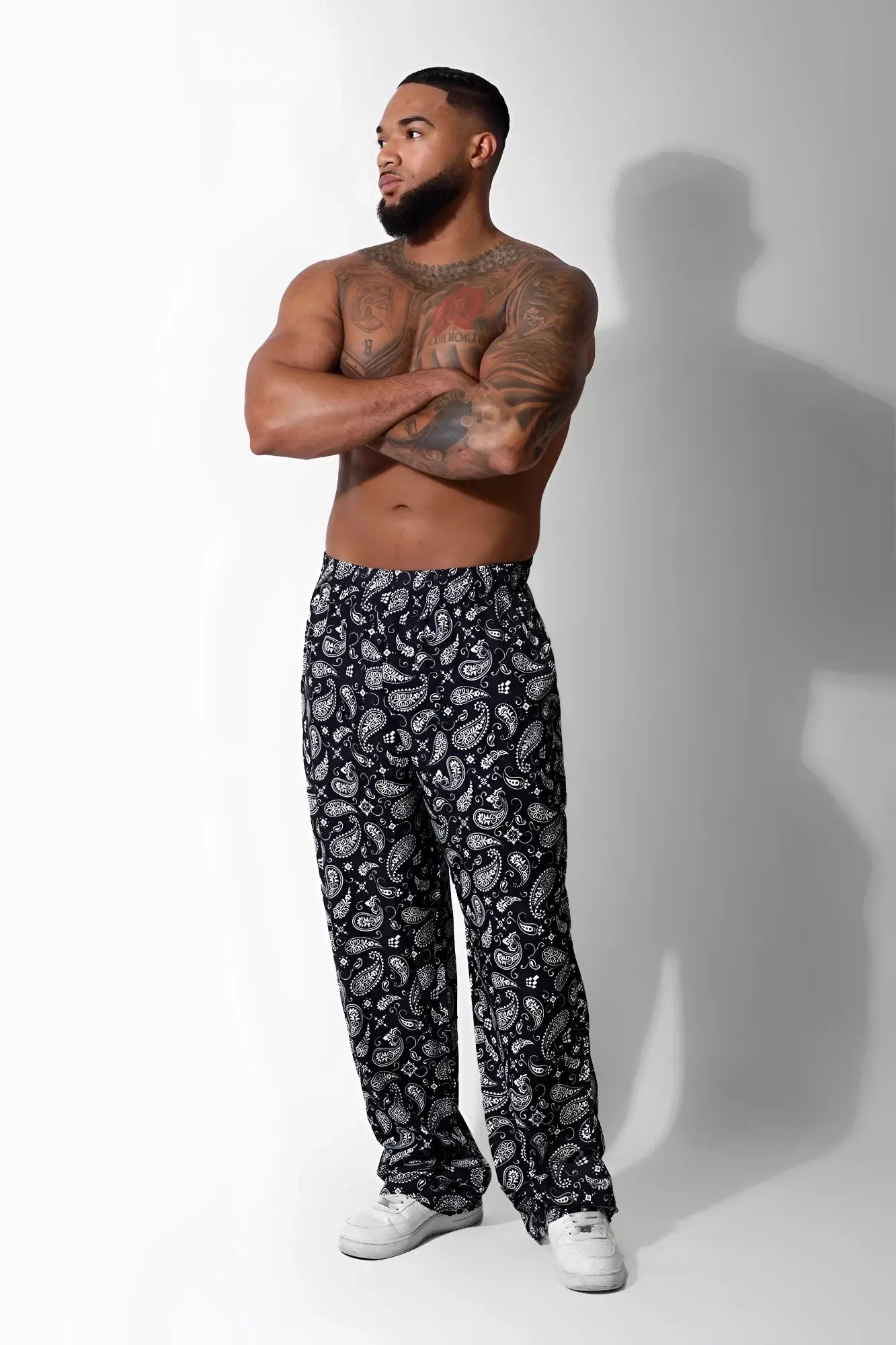 Jed north vintage flex joggers in black with a white paisley pattern designed for comfortable casual wear