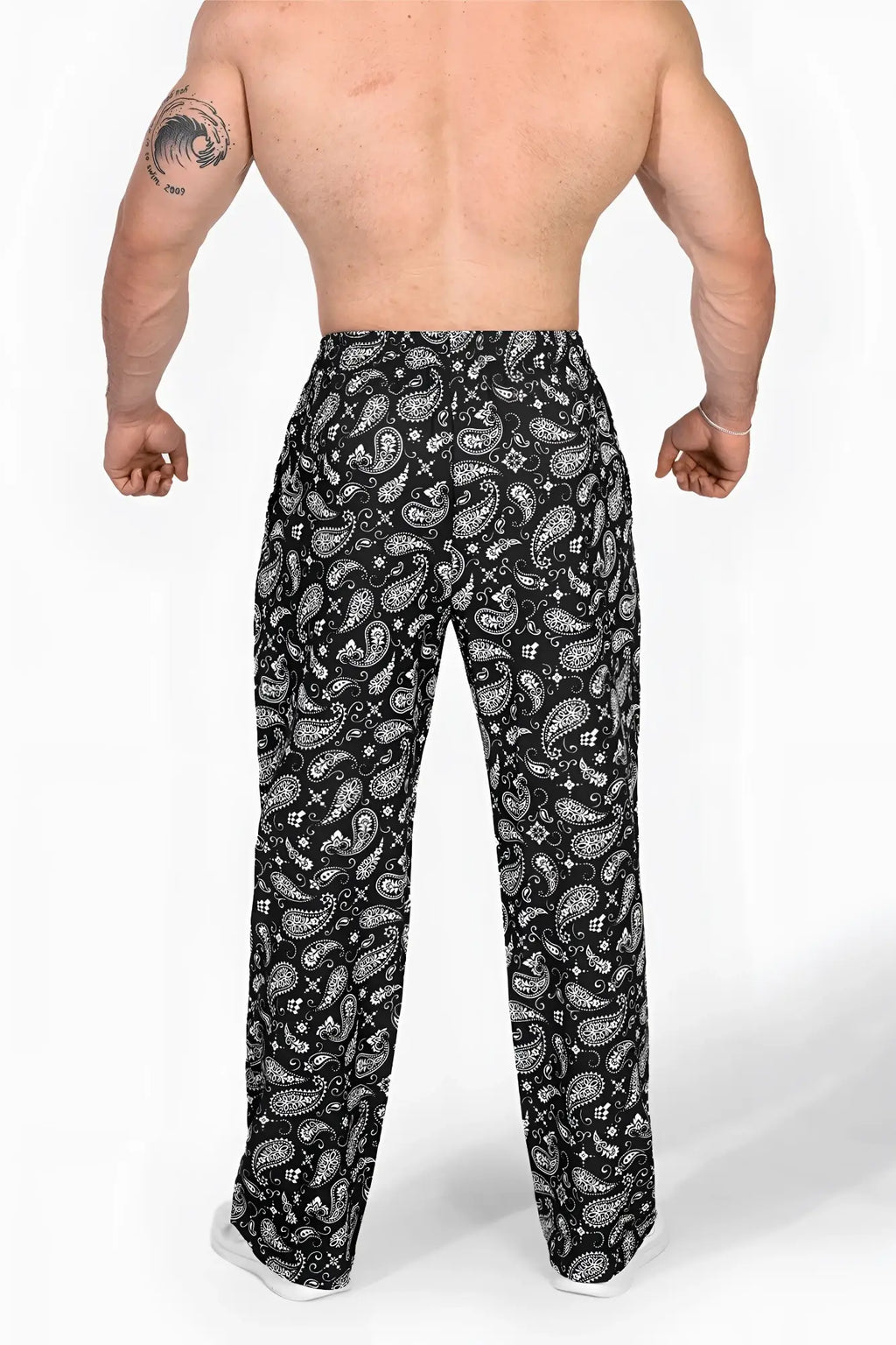 Jed north vintage flex joggers paisley black and white paisley patterned men’s wide-leg pants front view