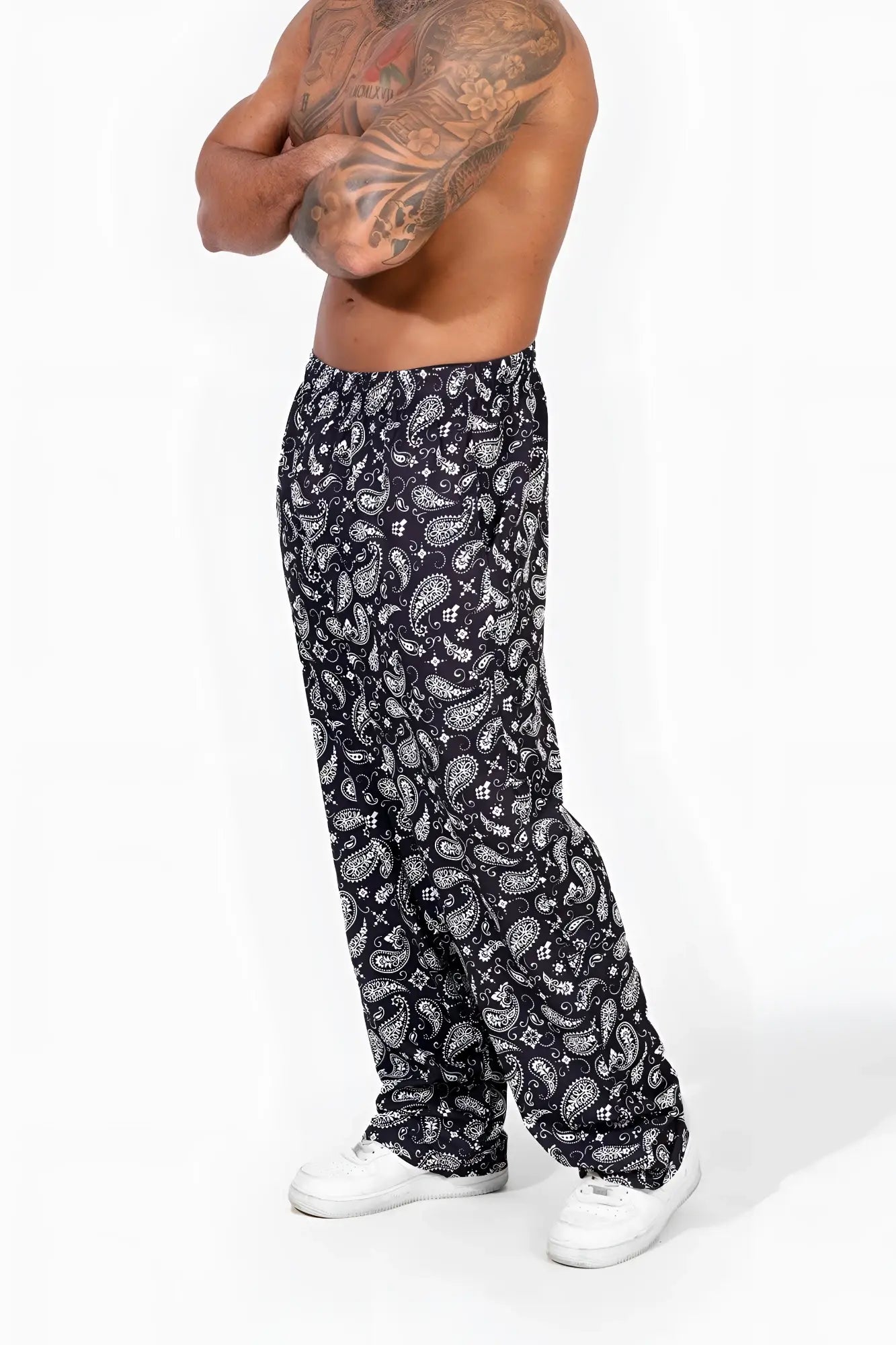 Jed North vintage flex joggers in black and white paisley pattern featuring wide-leg comfort fit
