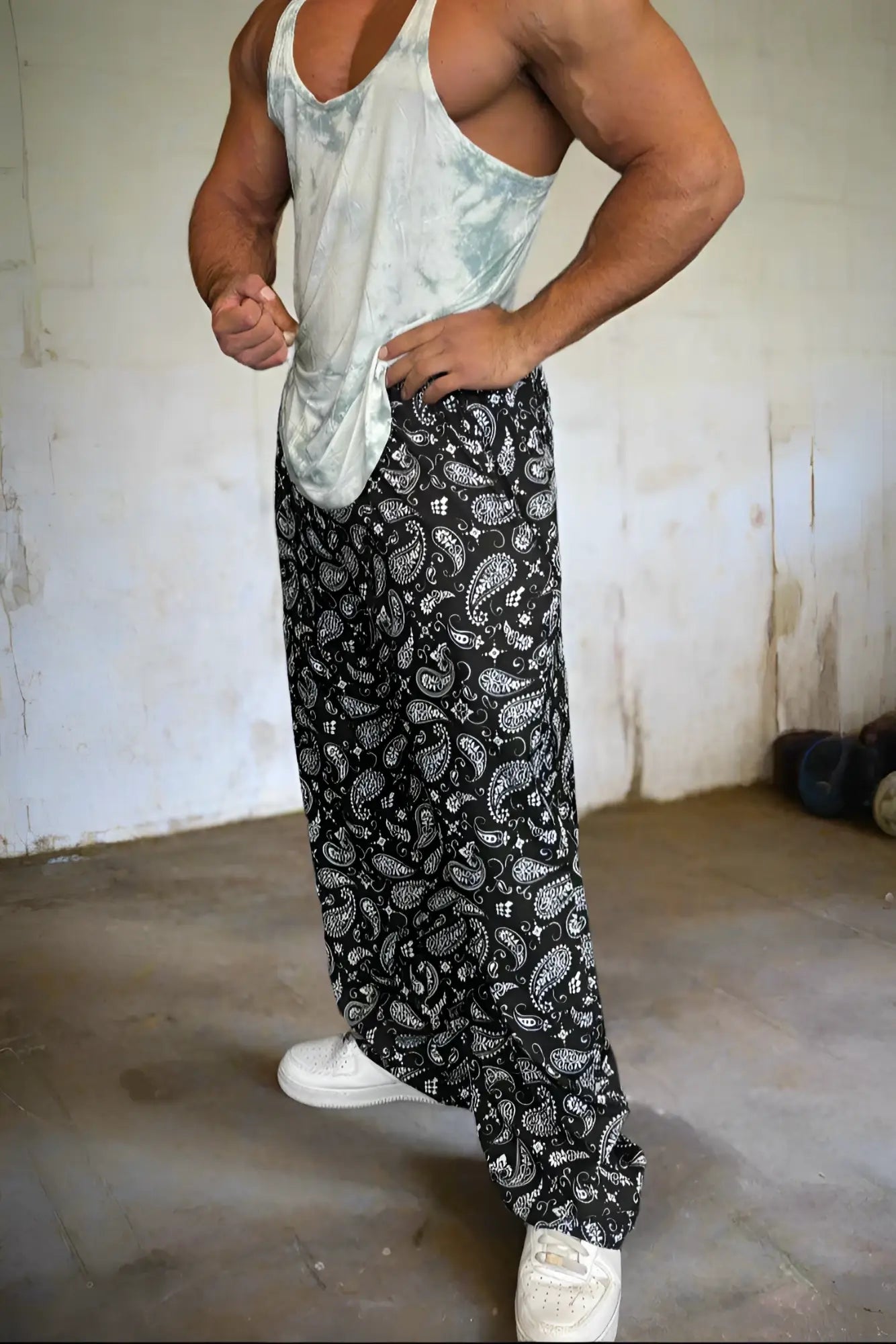 Jed North vintage flex joggers paisley wide-leg pants with black and white paisley pattern for casual wear