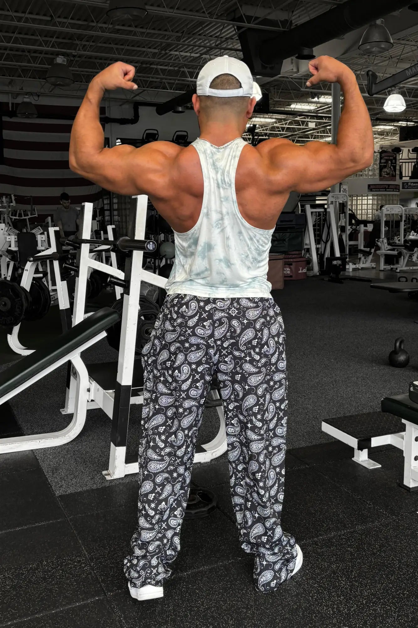 Jed north vintage flex joggers paisley featuring white and black paisley patterned gym pants for athletic wear