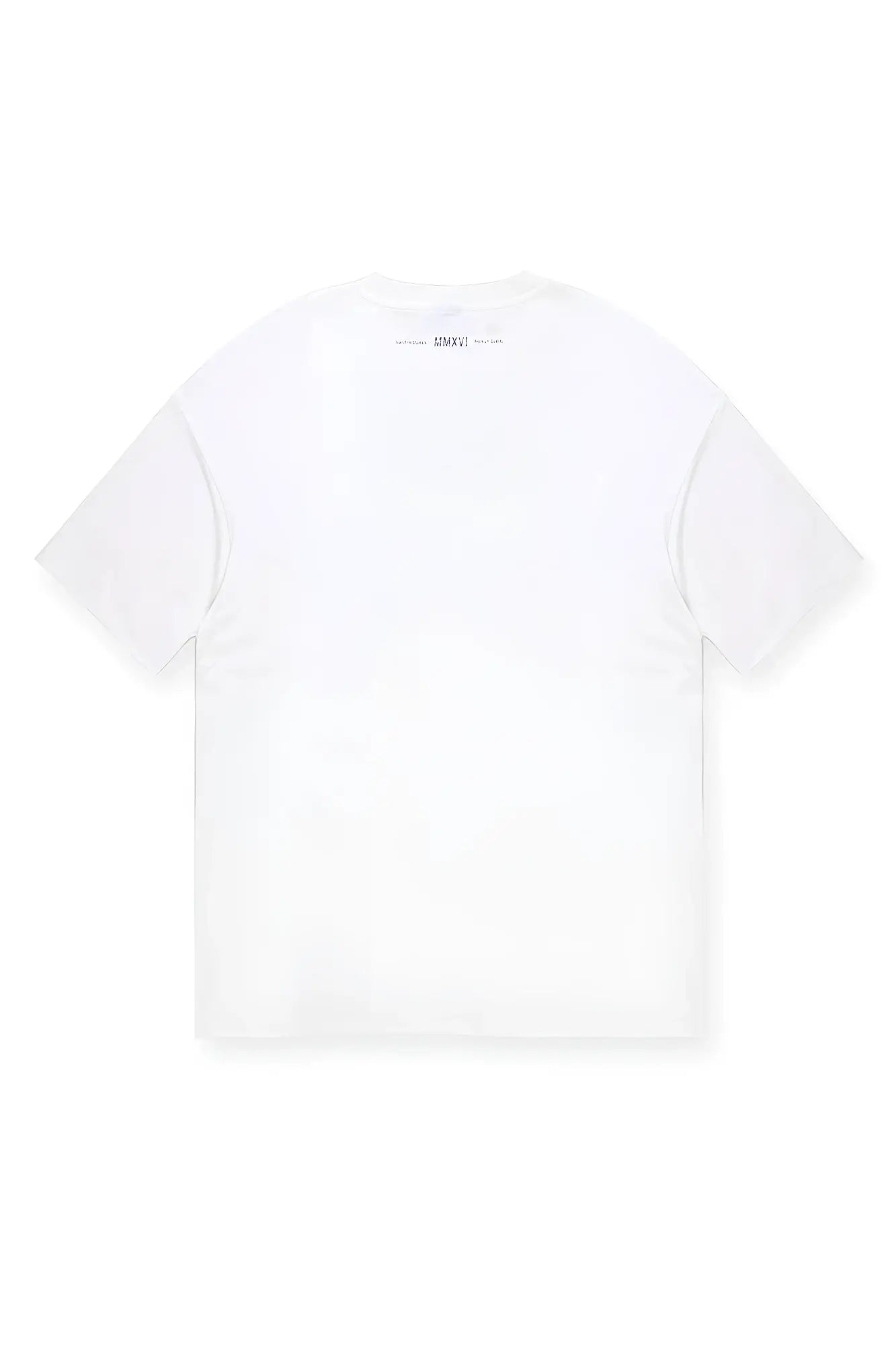White cotton vintage oversized t-shirt with minimalist black electric logo text at the neckline