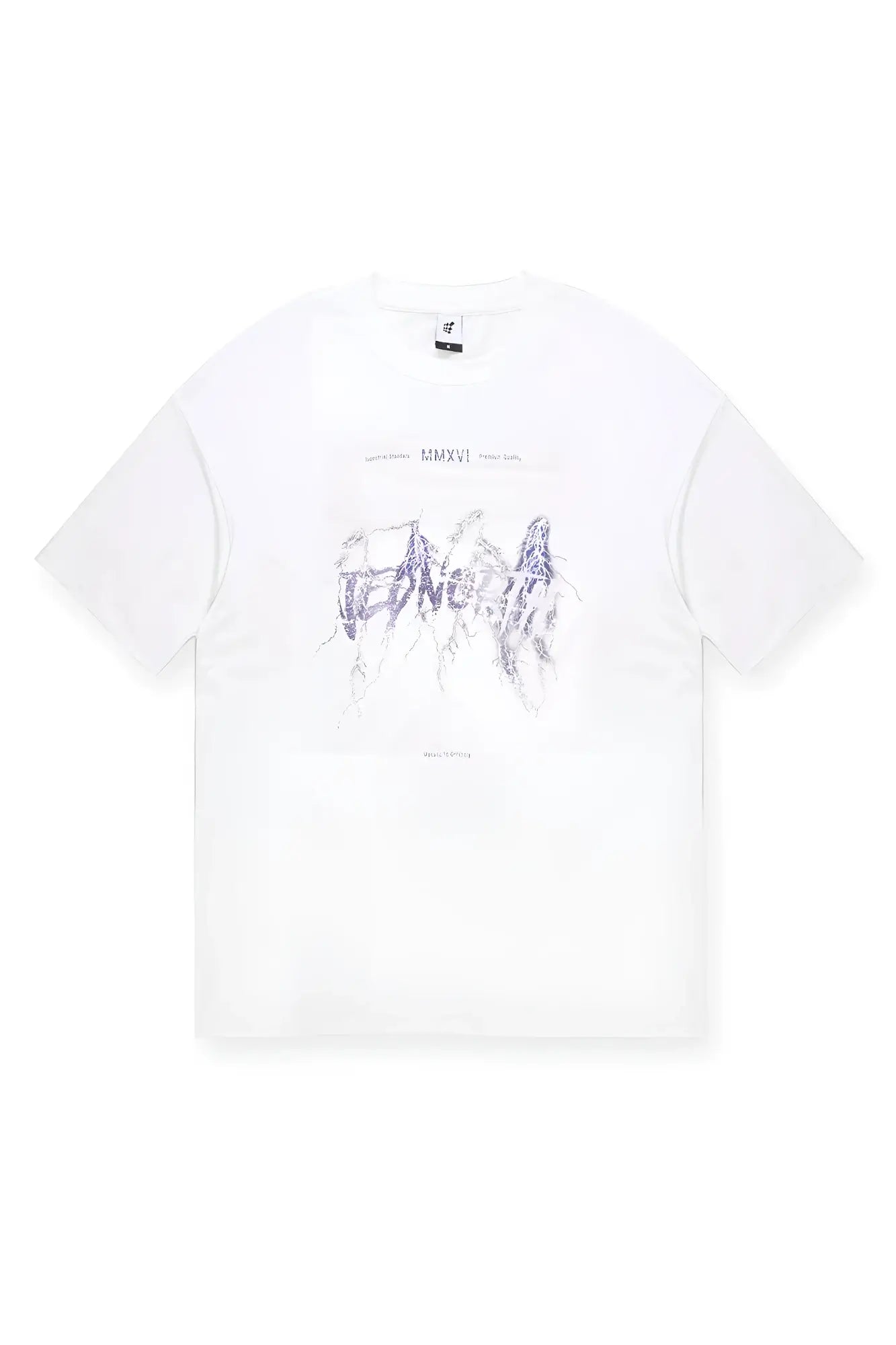 White cotton vintage oversized t-shirt with a stylized purple and gray electric logo and mmxvi text above it