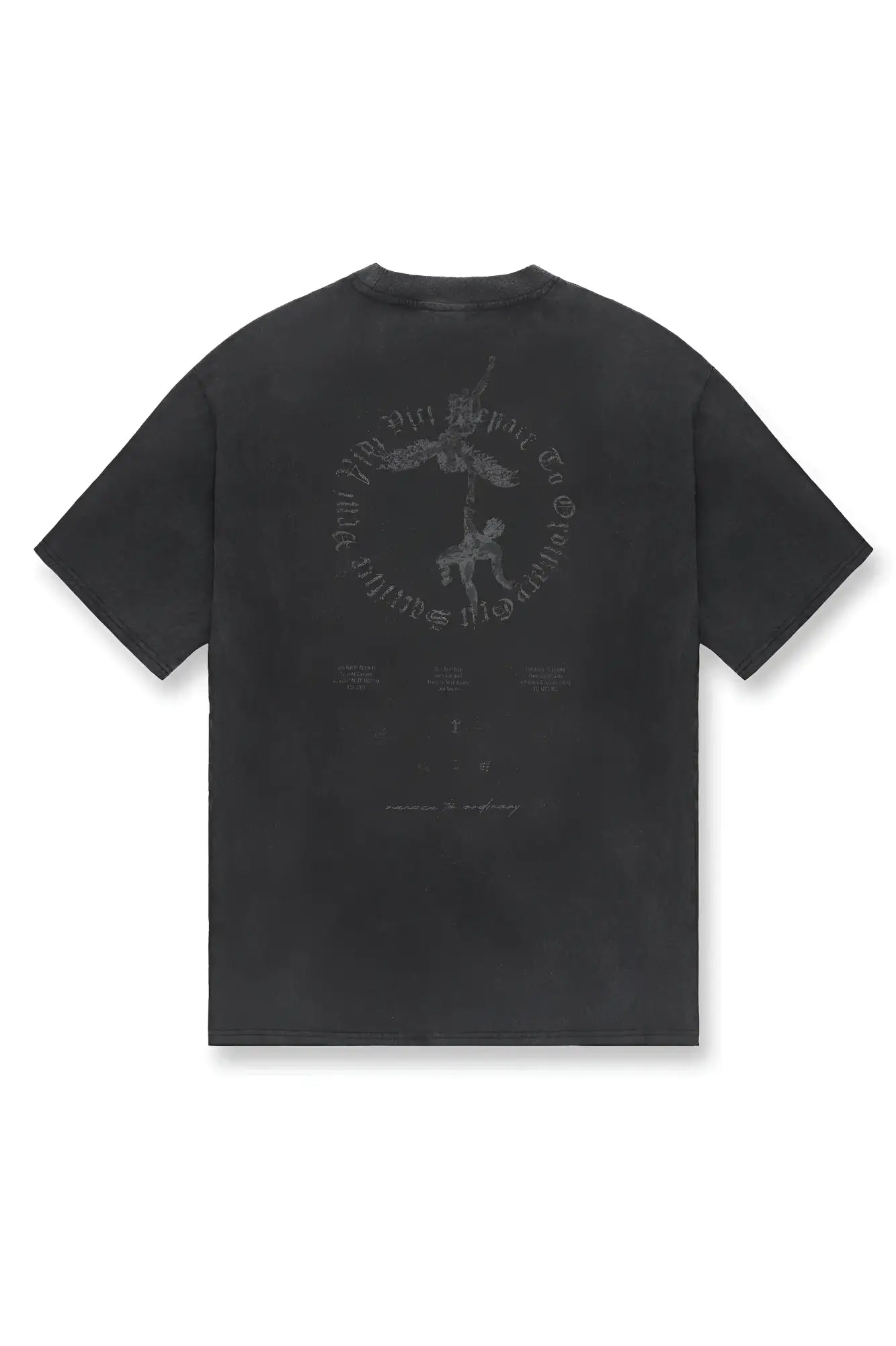 Black oversized t-shirt with faded gray angel and cherub graphic featuring a vintage guardian angel design