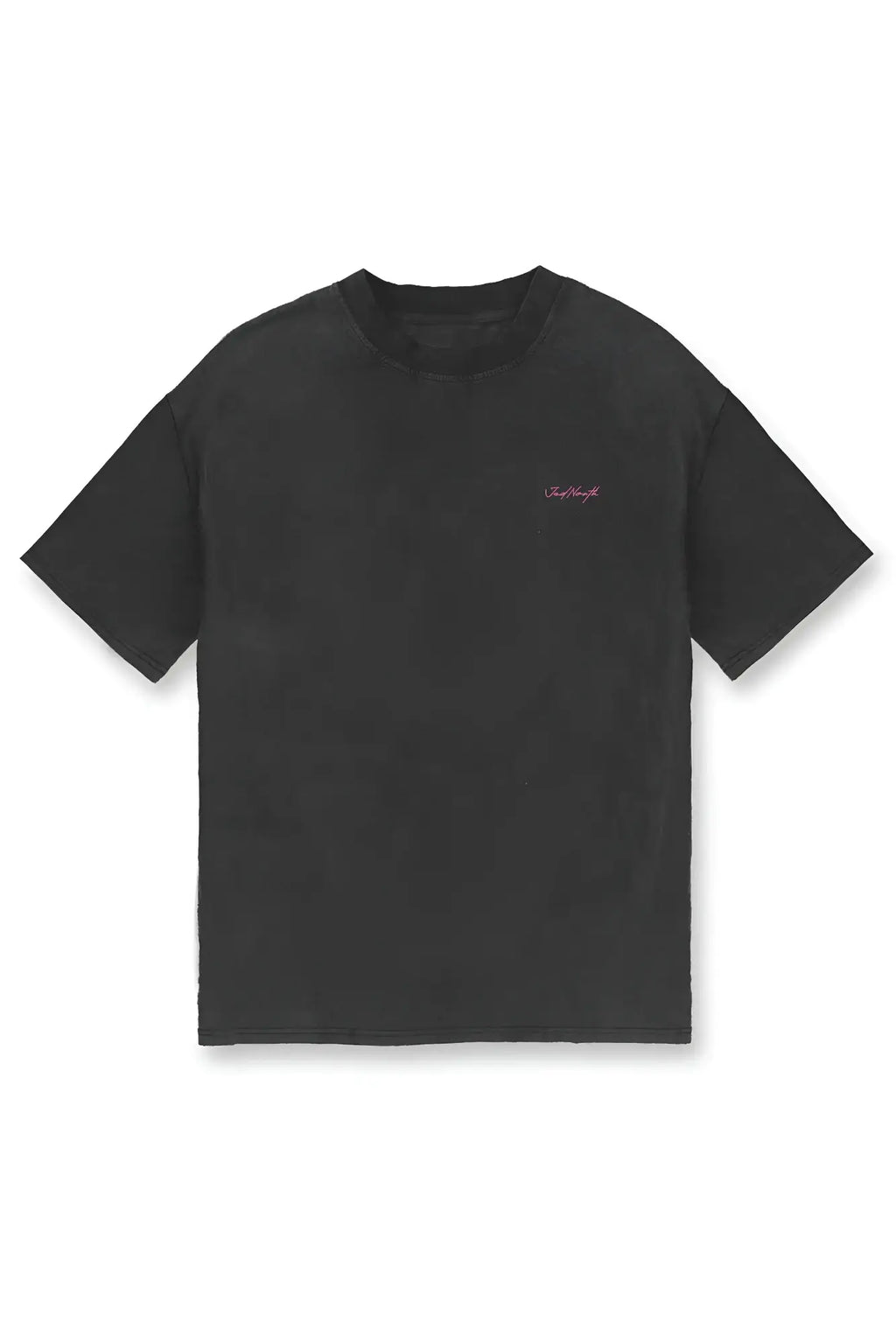 Black vintage oversized short-sleeved t-shirt with subtle pink embroidered guardian angel logo on left chest