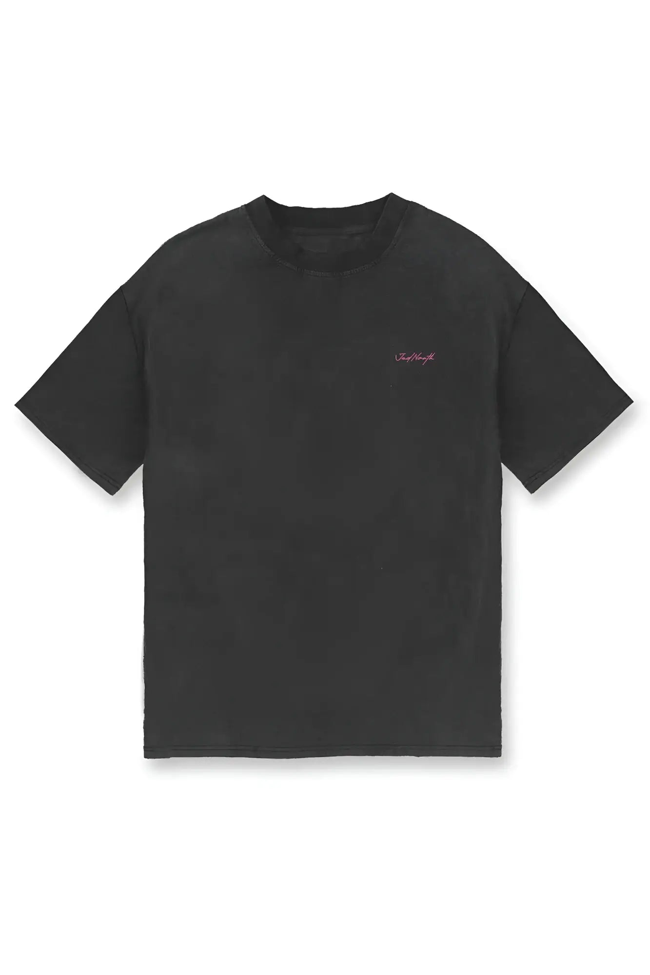 Black vintage oversized short-sleeved t-shirt with subtle pink embroidered guardian angel logo on left chest