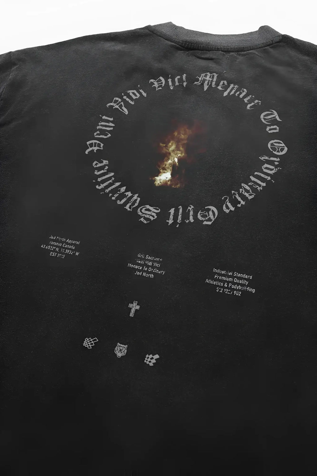 Black distressed cotton jed north vintage oversized t-shirt with circular white gothic script and fiery ring of fire design