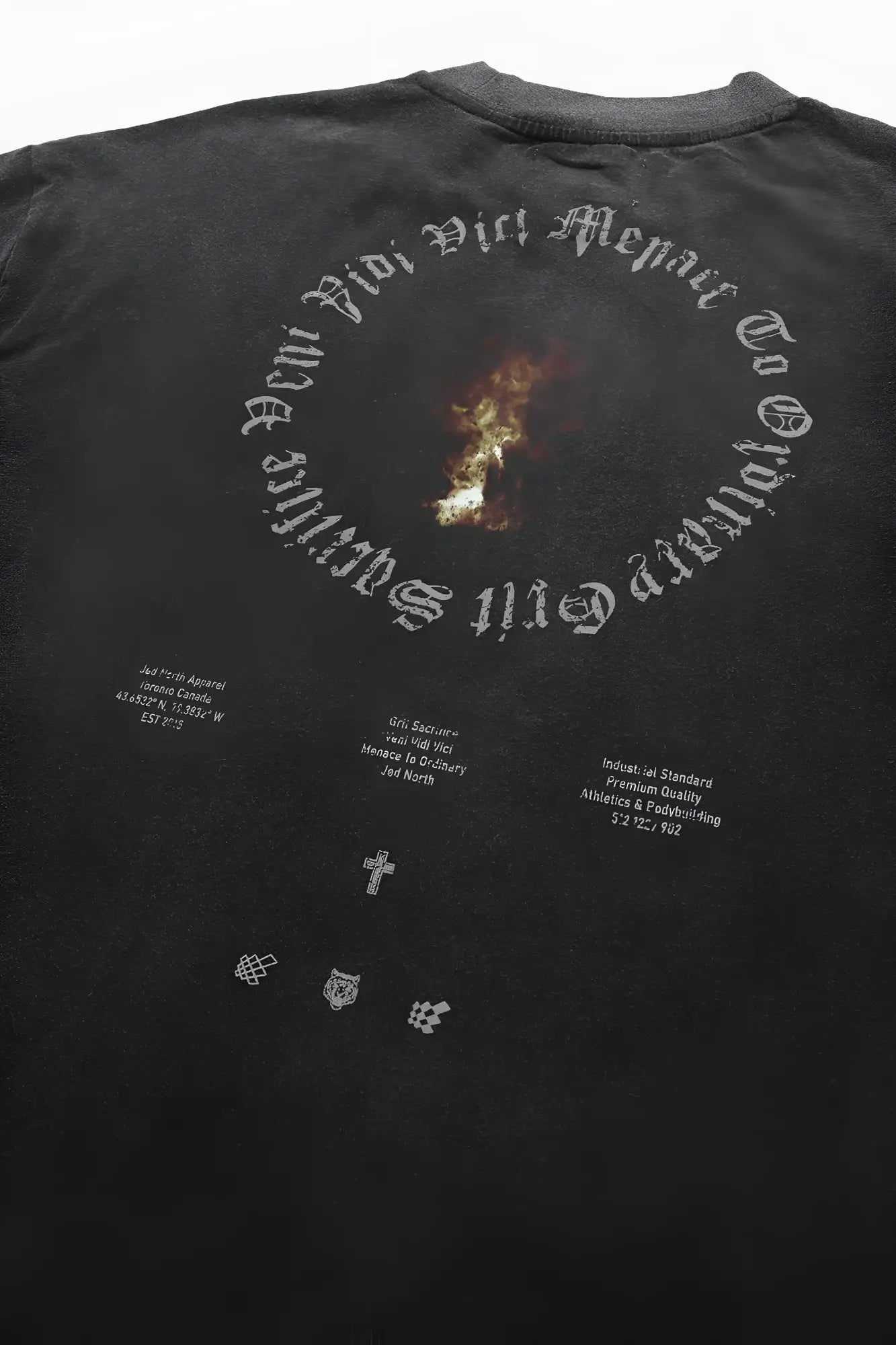 Black distressed cotton jed north vintage oversized t-shirt with circular white gothic script and fiery ring of fire design