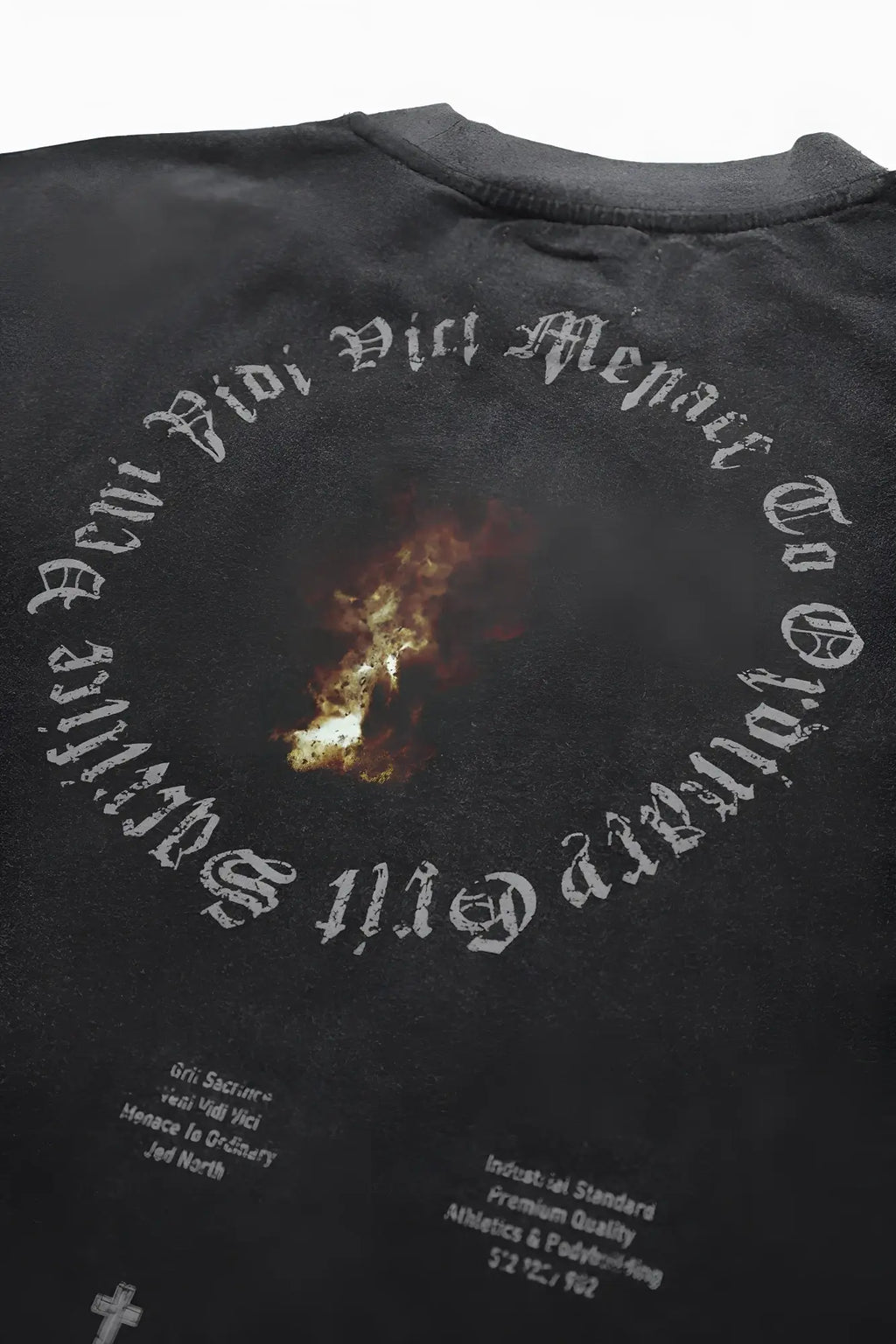 Black Jed North vintage oversized t-shirt with distressed circular gothic lettering and central flame graphic