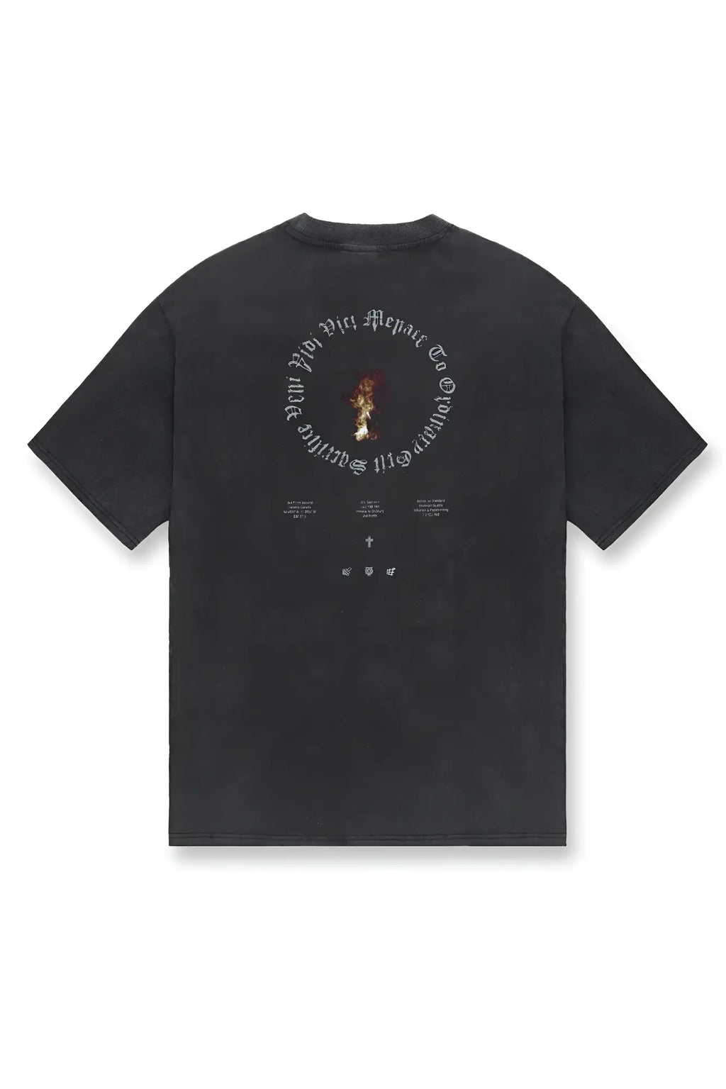 Back of a black jed north vintage oversized t-shirt with a faded white ring of fire 2.0 graphic and text in a circular design