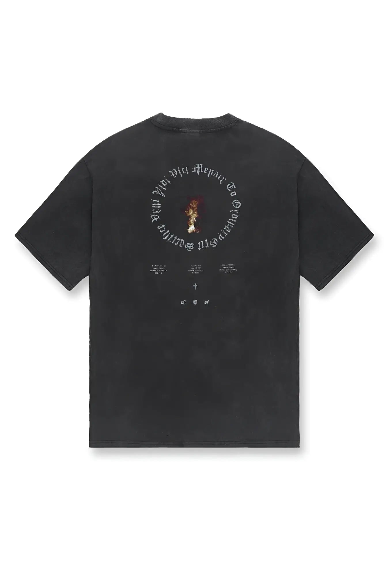 Back of a black jed north vintage oversized t-shirt with a faded white ring of fire 2.0 graphic and text in a circular design