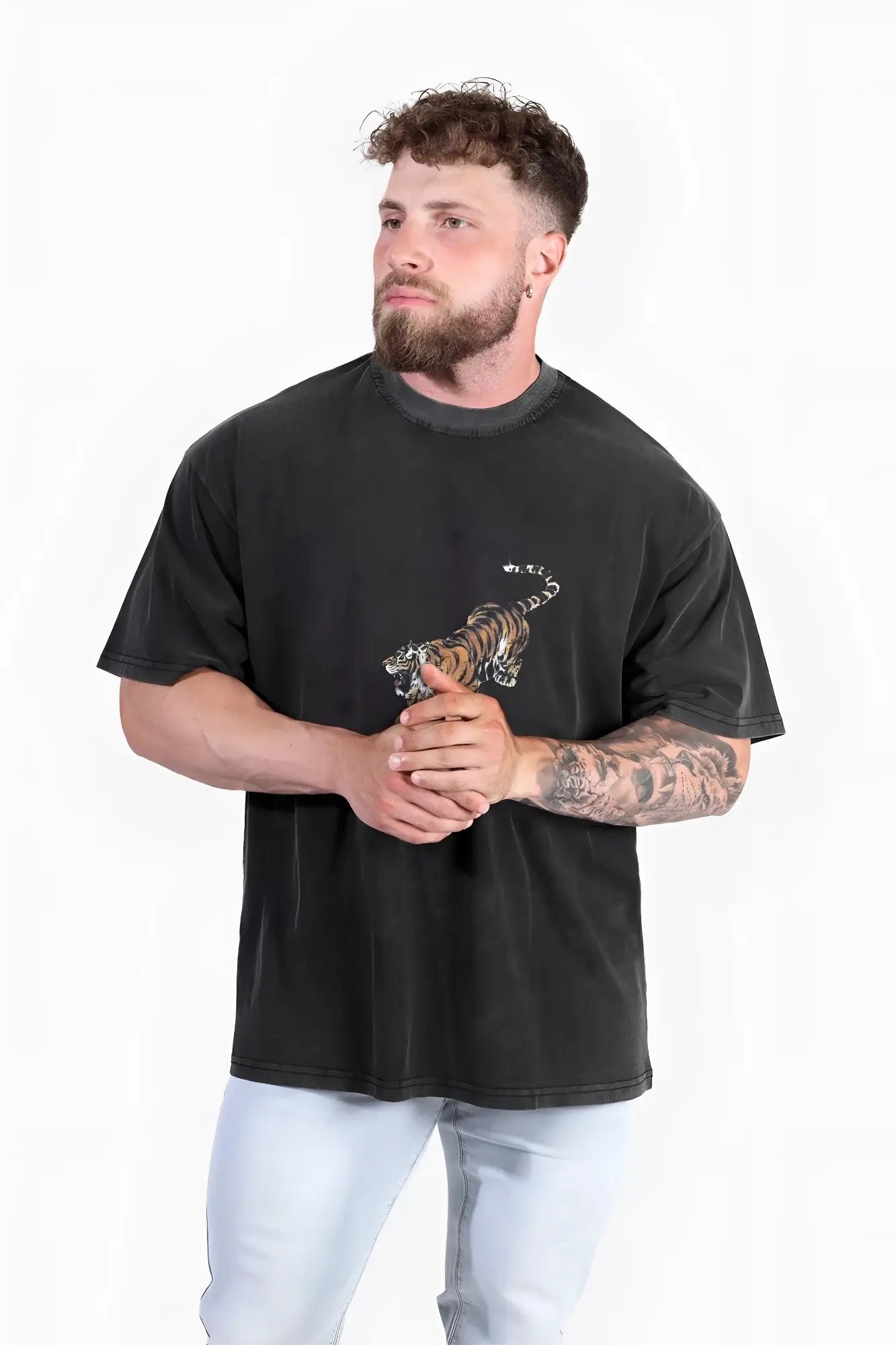Black oversized cotton t-shirt by Jed North featuring a detailed orange and black striped tiger graphic