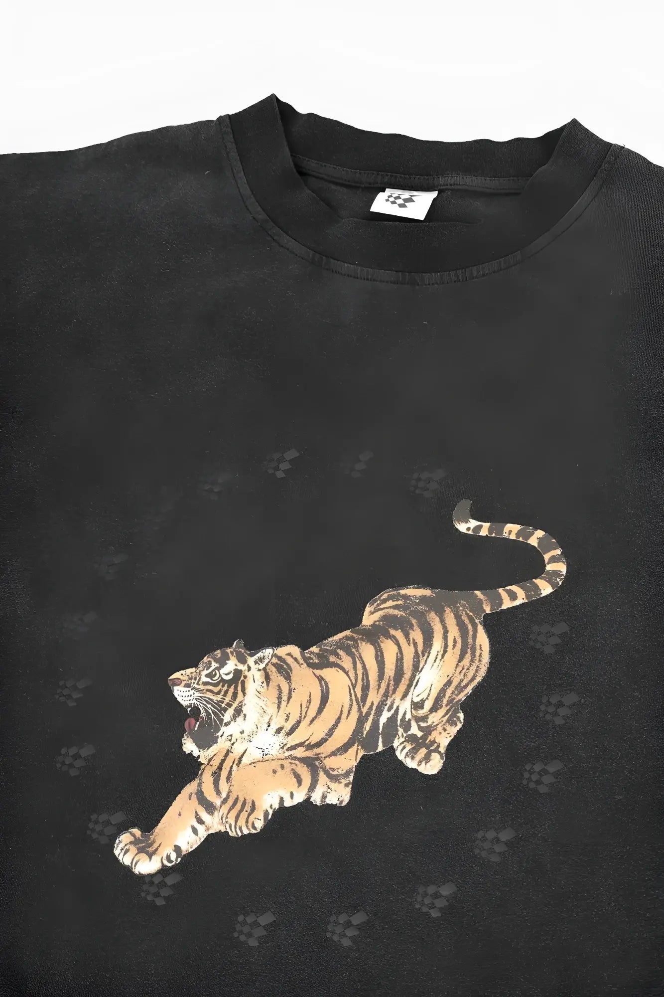 Black distressed cotton jed north vintage oversized t shirt with bold orange and black tiger graphic and paw prints