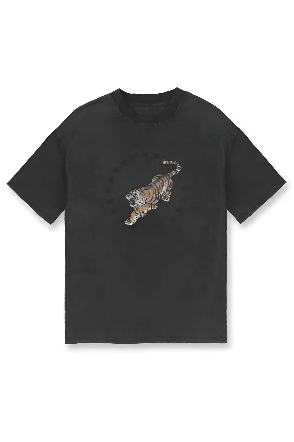 Jed North vintage oversized black short-sleeved t-shirt with detailed orange and black tiger graphic and white accents