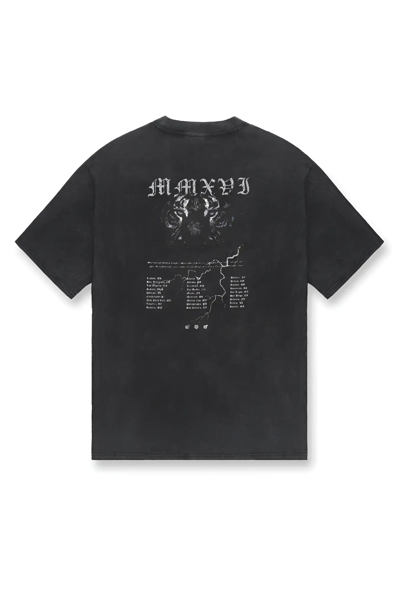 Black oversized cotton t-shirt by Jed North featuring white maxyi graphic print and tour itinerary on front