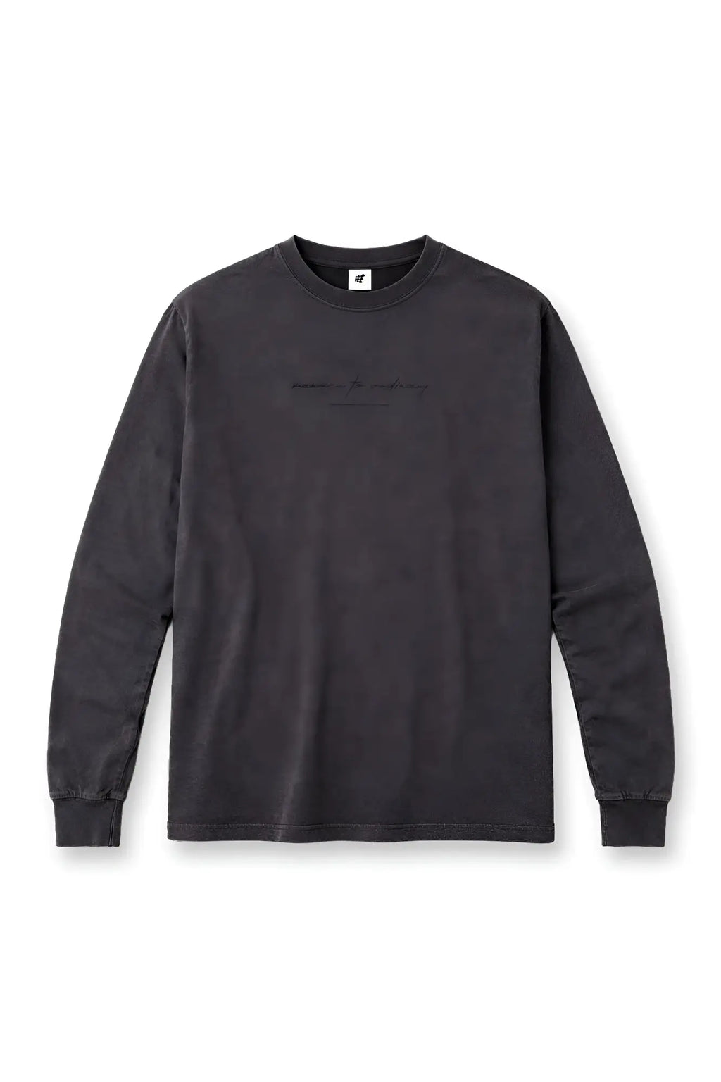 Black vintage wash long sleeve t-shirt featuring subtle horizontal stitching detail across the chest
