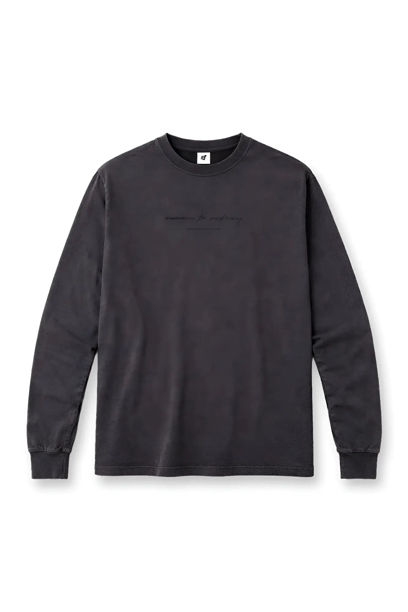 Black vintage wash long sleeve t-shirt featuring subtle horizontal stitching detail across the chest