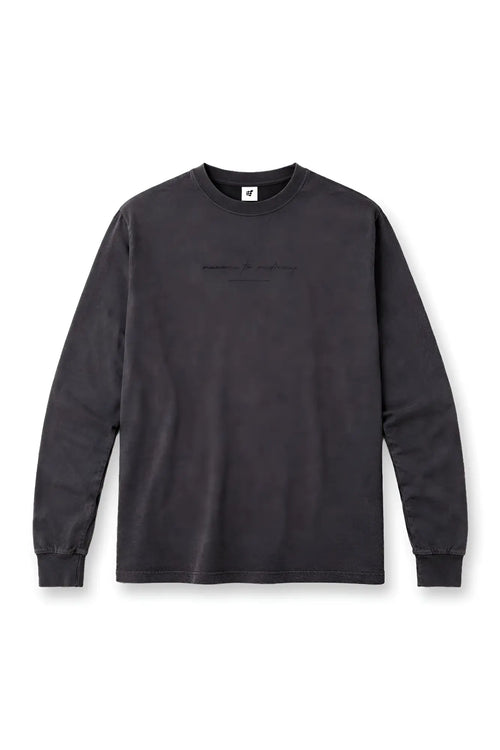 Black vintage wash long sleeve t-shirt featuring subtle horizontal stitching detail across the chest