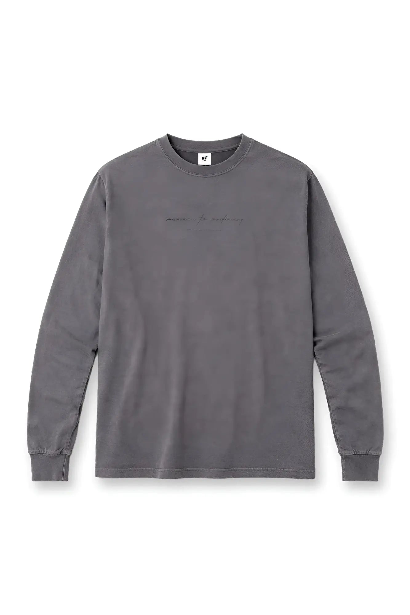 Vintage wash long sleeve storm gray t-shirt with soft muted fabric and subtle embroidered phrase on the chest