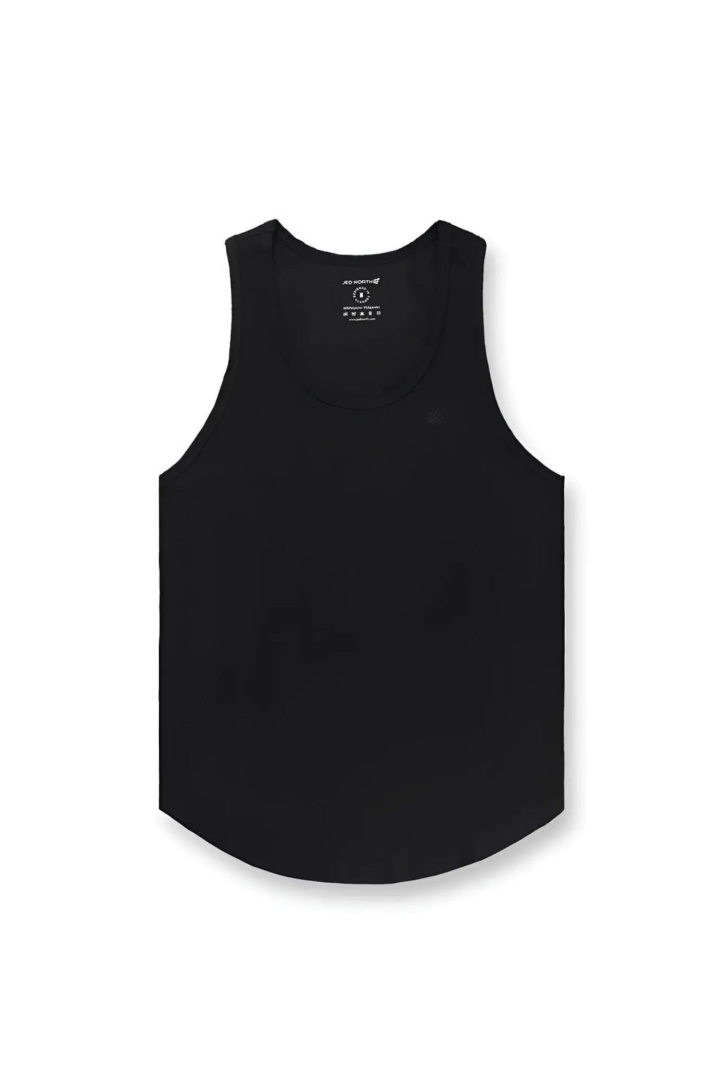 Black sleeveless Vital Raw-Hem Tank Top 2.0 with curved hem and subtle branding at the neckline