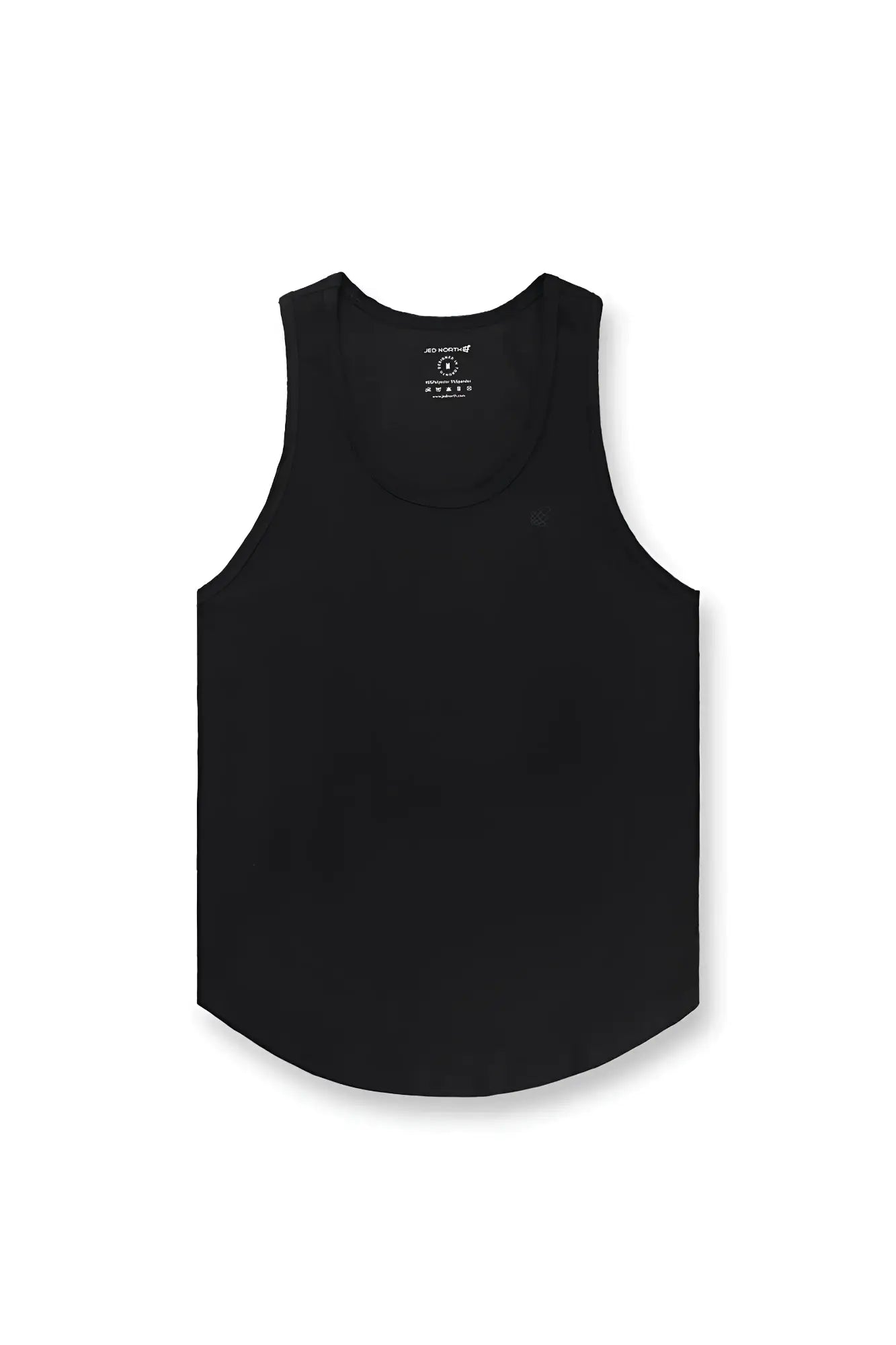 Black sleeveless Vital Raw-Hem Tank Top 2.0 with curved hem and subtle branding at the neckline