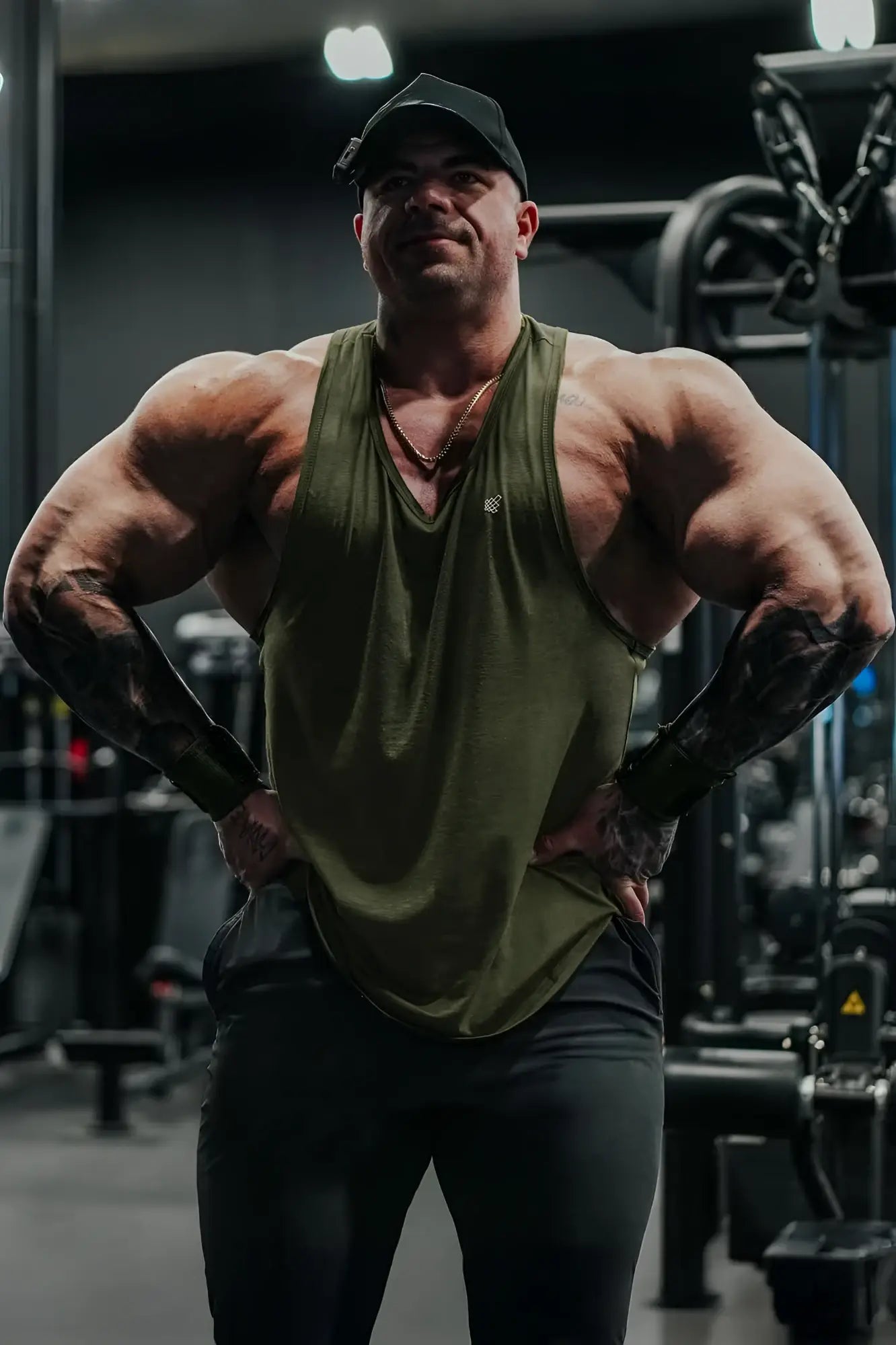 Olive green sleeveless jed north vital raw-hem tank top 2.0 with v-neck and subtle chest logo for athletic use