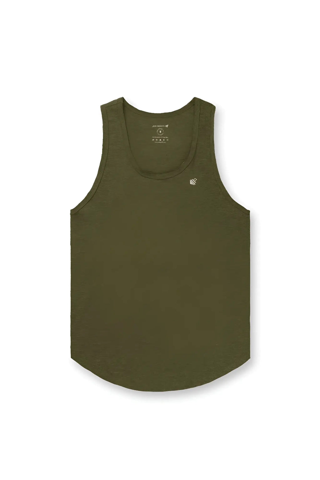 Olive green jed north vital raw-hem tank top 2.0 with subtle texture and small embroidered logo on left chest