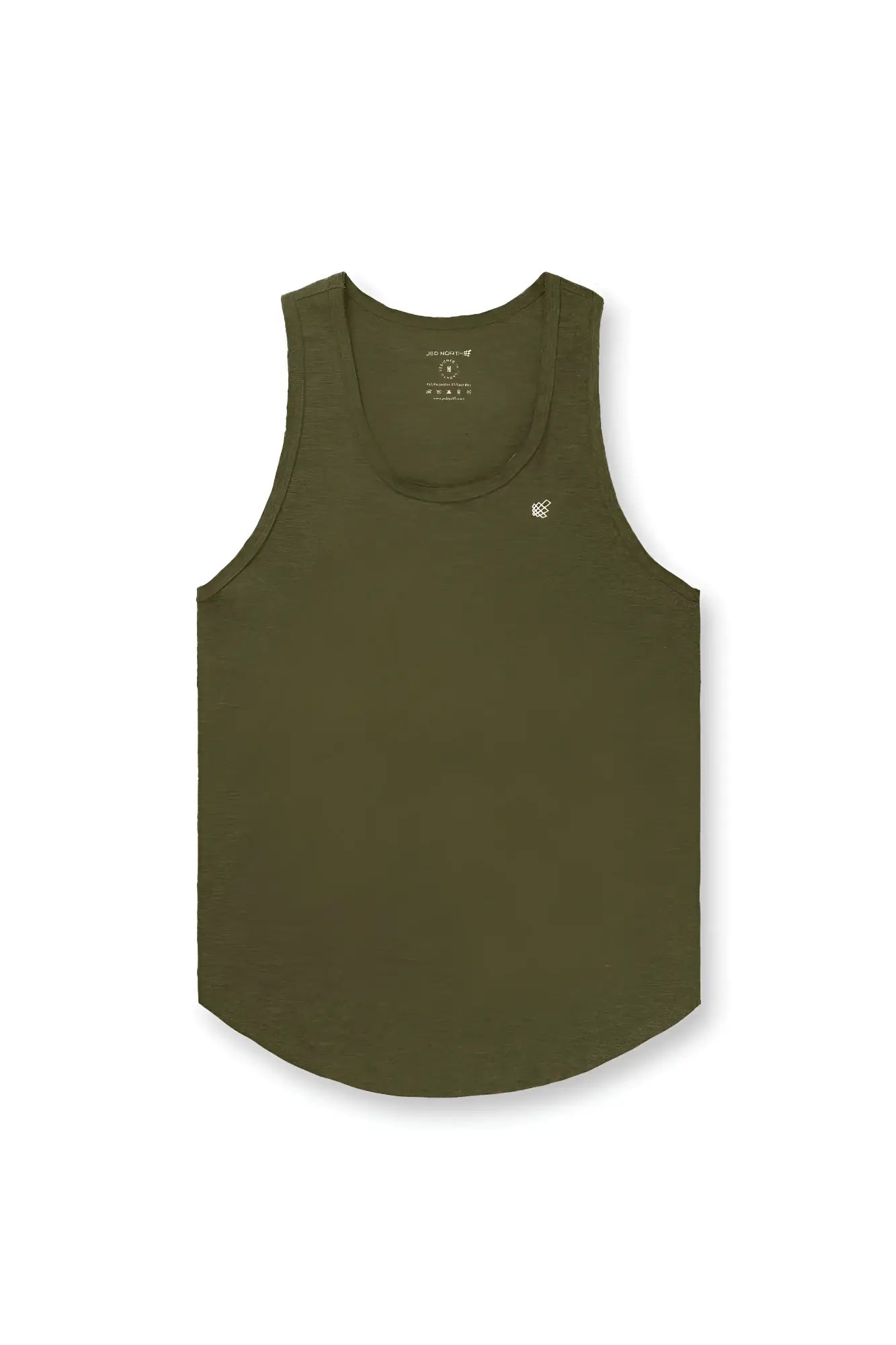 Olive green jed north vital raw-hem tank top 2.0 with subtle texture and small embroidered logo on left chest