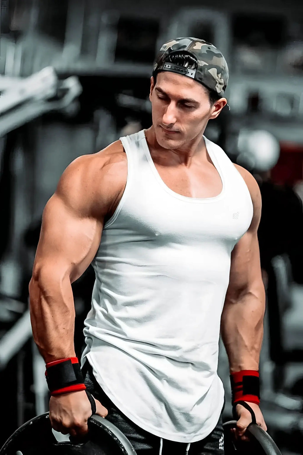 A muscular man wearing a white Vital Raw-Hem Tank Top 2.0 and camouflage baseball cap modeling the sleeveless shirt