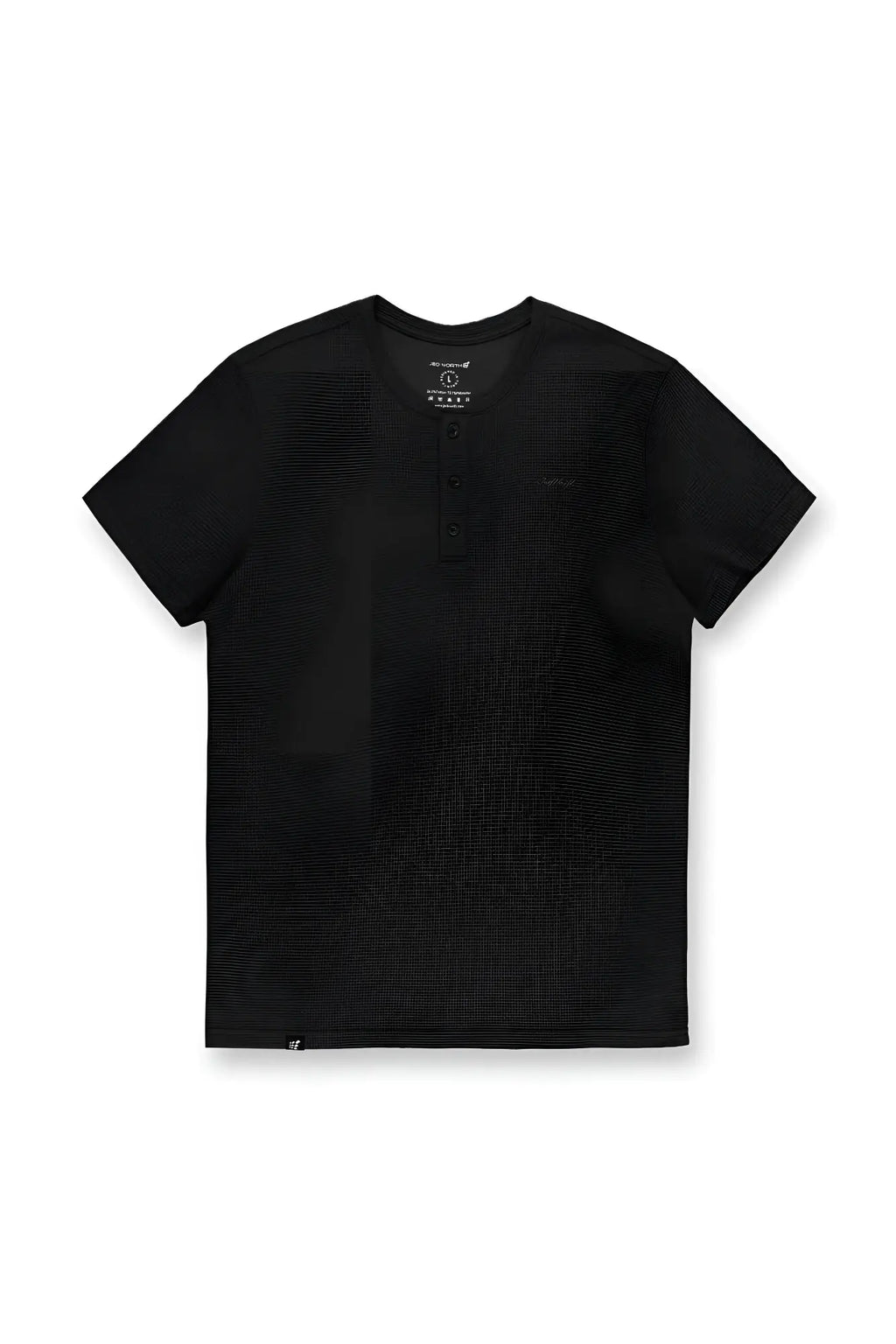 Black waffle henley t-shirt with short sleeves buttoned placket and subtle brand logo on chest