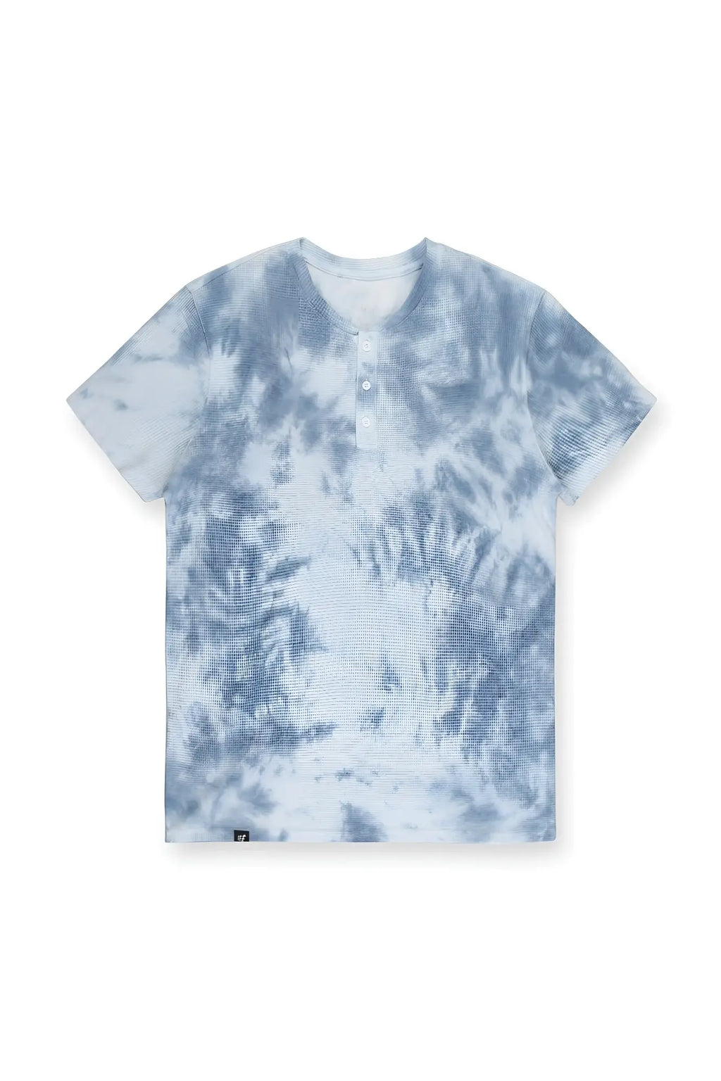 A light blue and white tie dye waffle henley t-shirt with short sleeves and a buttoned placket