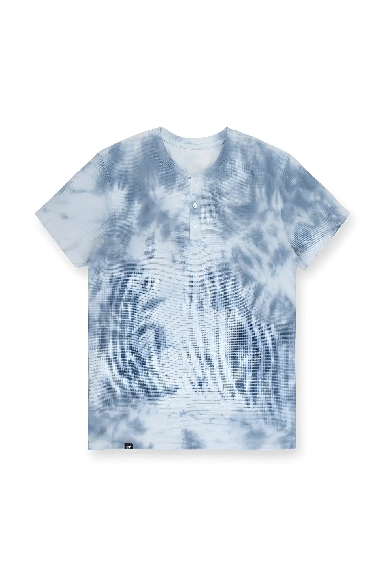 A light blue and white tie dye waffle henley t-shirt with short sleeves and a buttoned placket