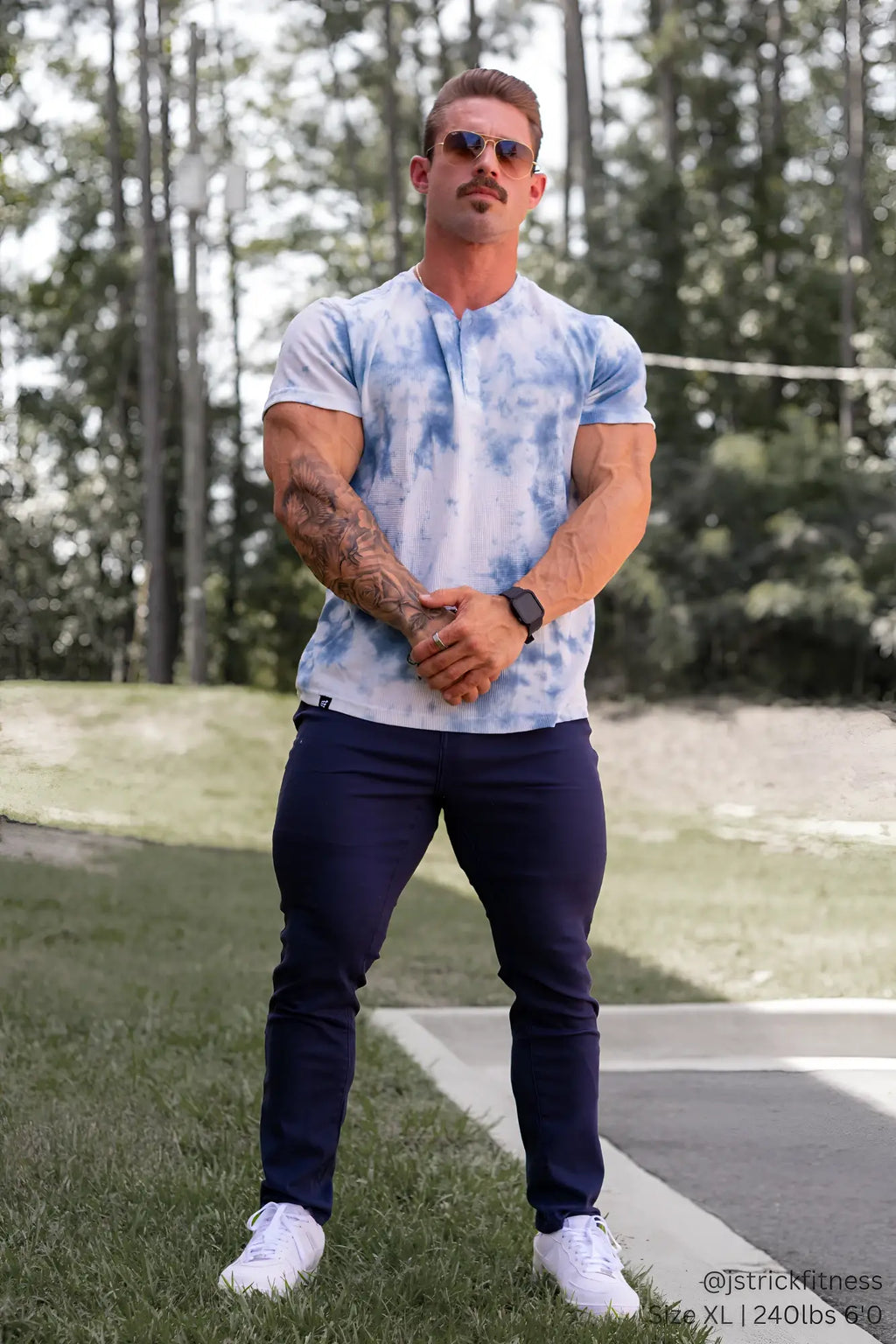 Blue and white tie dye waffle henley t shirt featuring a casual long sleeve design with textured fabric