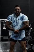 Blue and white tie dye waffle henley t shirt with short sleeves made of soft breathable fabric