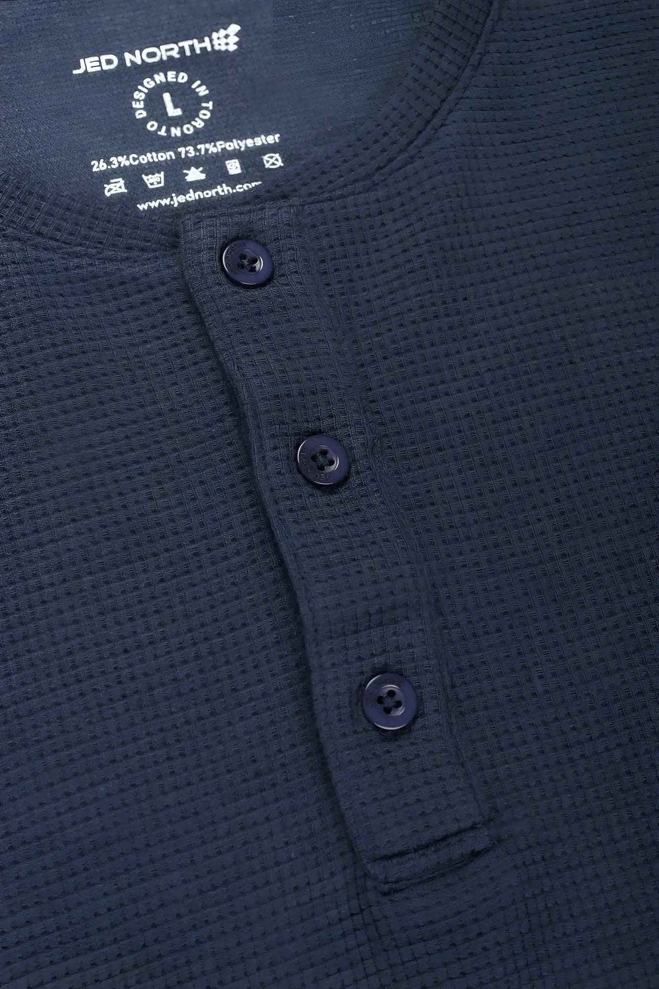 Dark navy blue waffle knit henley shirt with black buttons and jed north label in dusty blue waffle henley t shirt style
