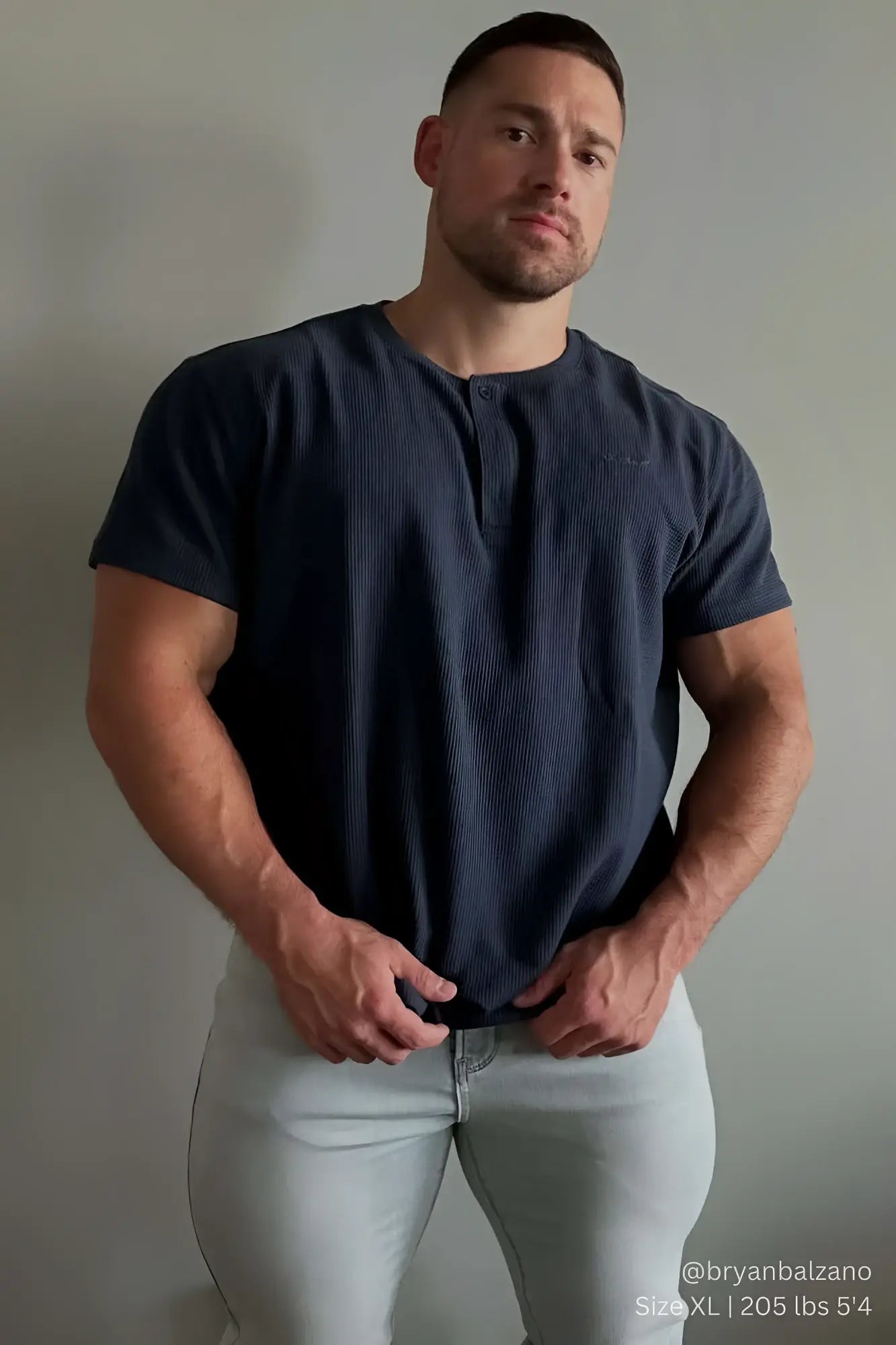 Navy blue ribbed short sleeve henley shirt with waffle texture perfect for casual wear