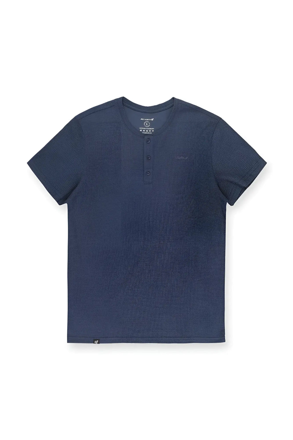 Navy blue short-sleeved henley shirt with subtle horizontal ribbed texture and three-button placket waffle henley t-shirt