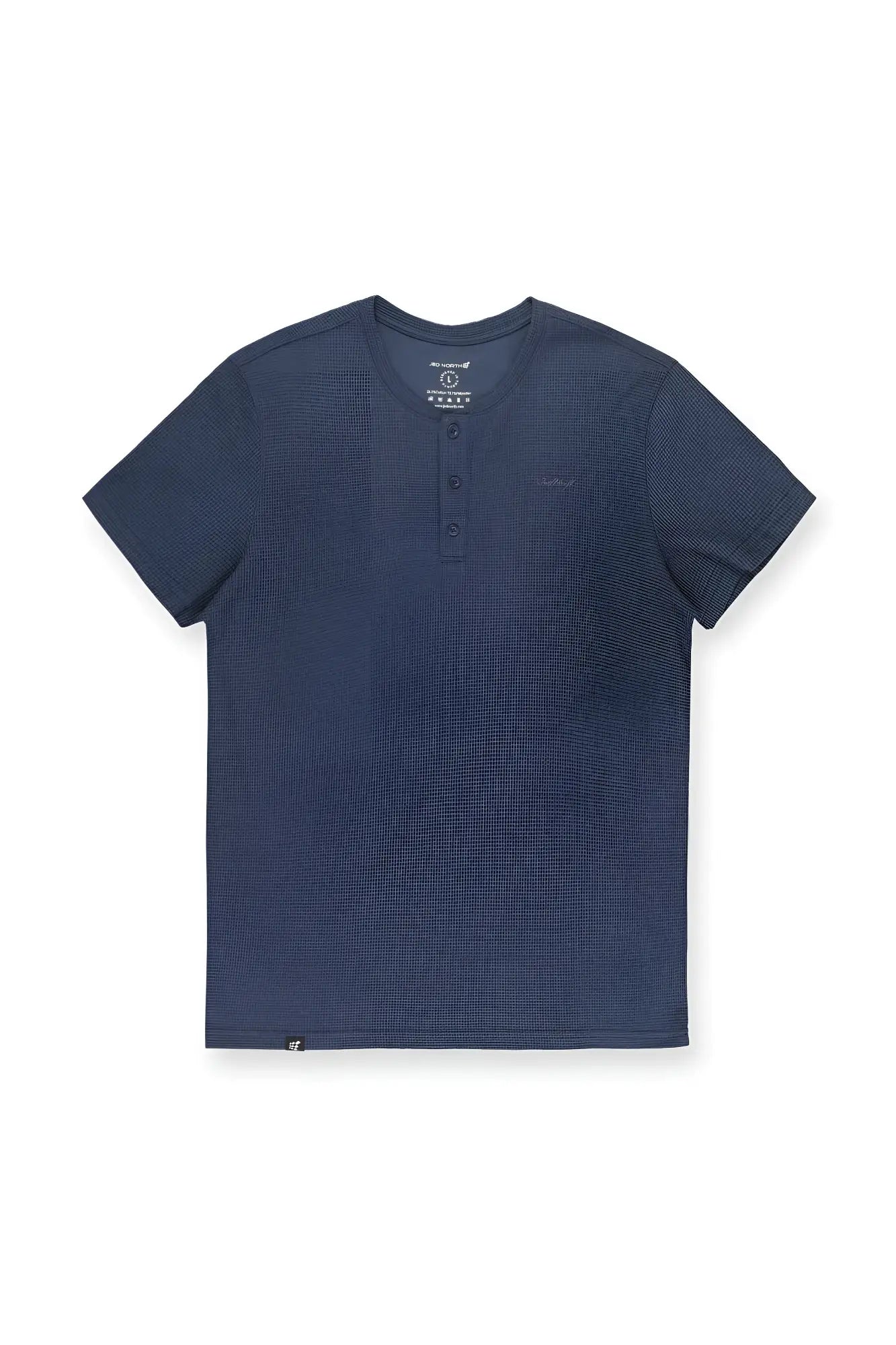 Navy blue short-sleeved henley shirt with subtle horizontal ribbed texture and three-button placket waffle henley t-shirt dusty blue