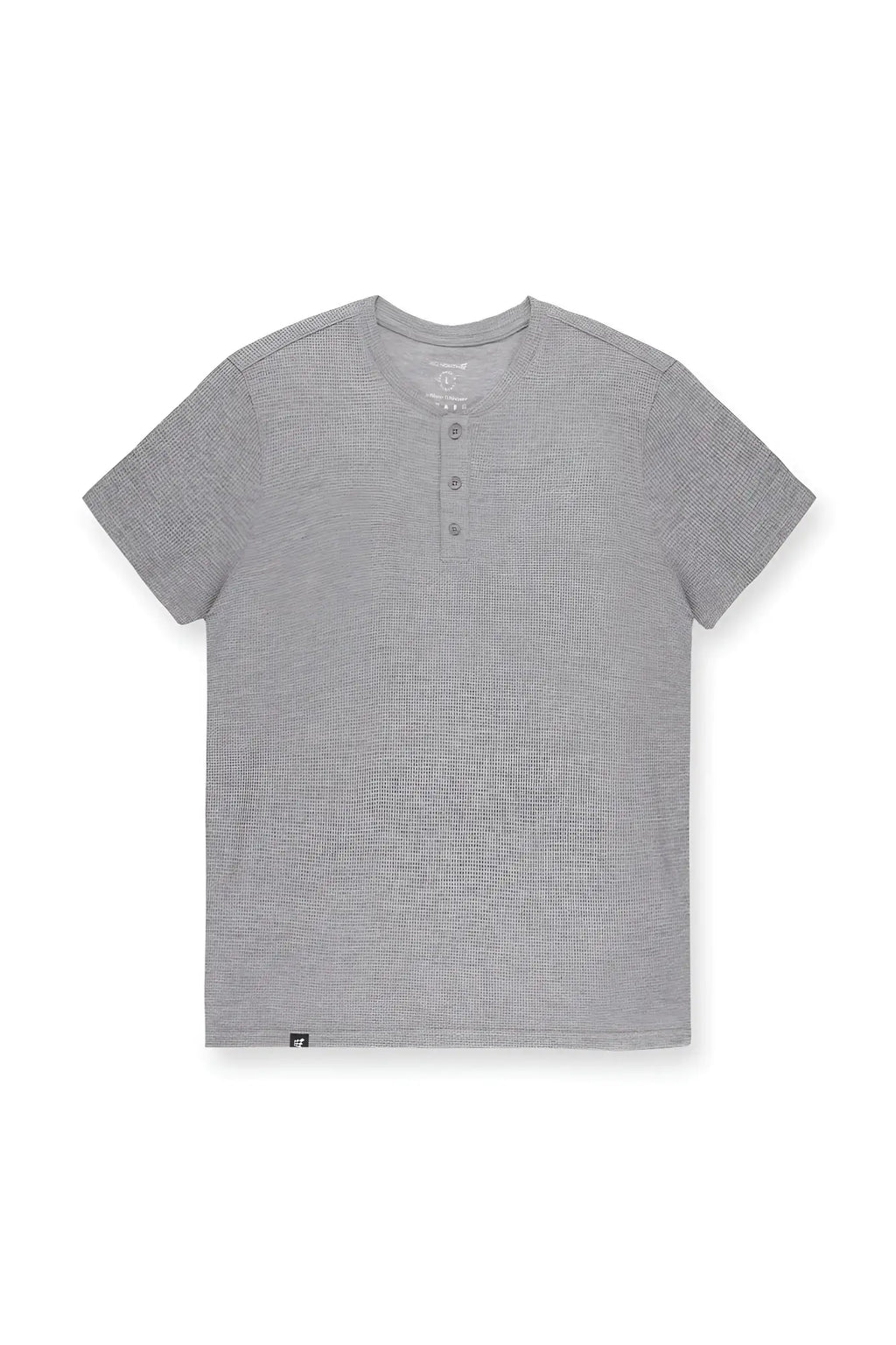 Light gray waffle henley t-shirt with three buttons short sleeves and small brand tag at bottom hem