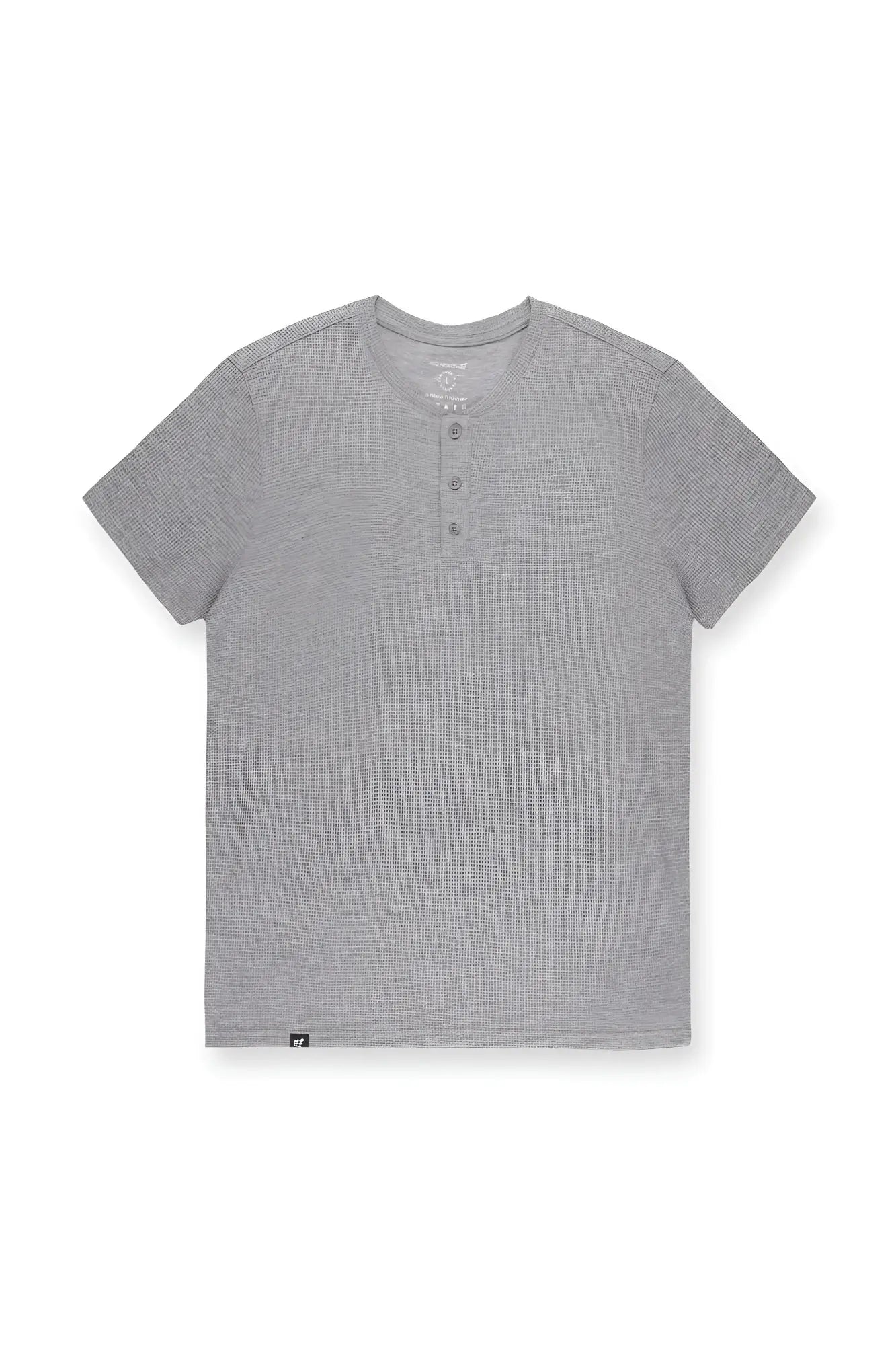 Light gray waffle henley t-shirt with three buttons short sleeves and small brand tag at bottom hem